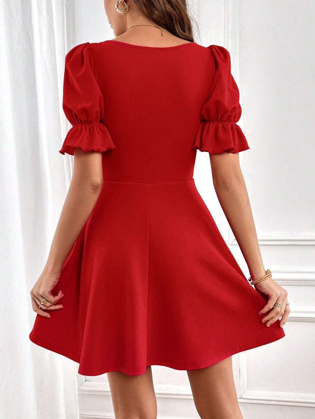 Square Neck Puff Sleeve Flared Mini Dress - Red - 2