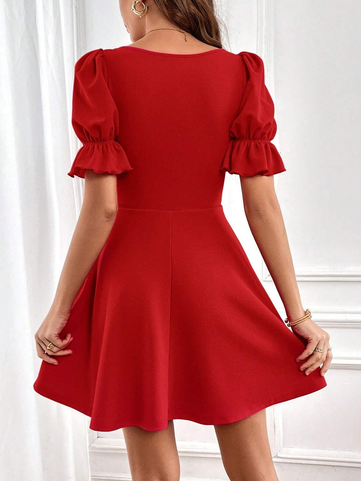 Square Neck Puff Sleeve Flared Mini Dress - Red - 2