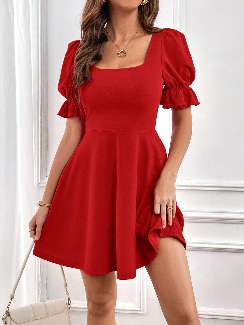 Square Neck Puff Sleeve Flared Mini Dress - Red - 3