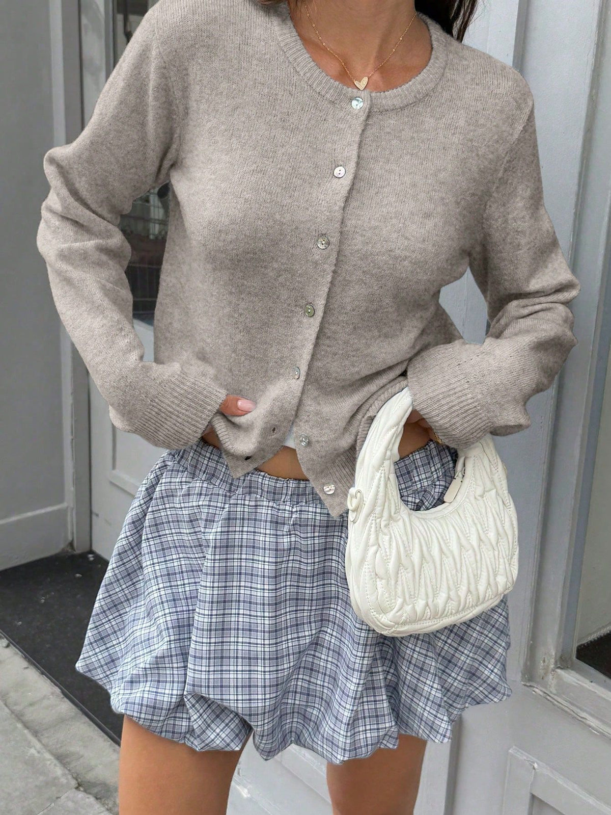 Crewneck Soft Knit Button-Front Minimalist Cardigan - Beige