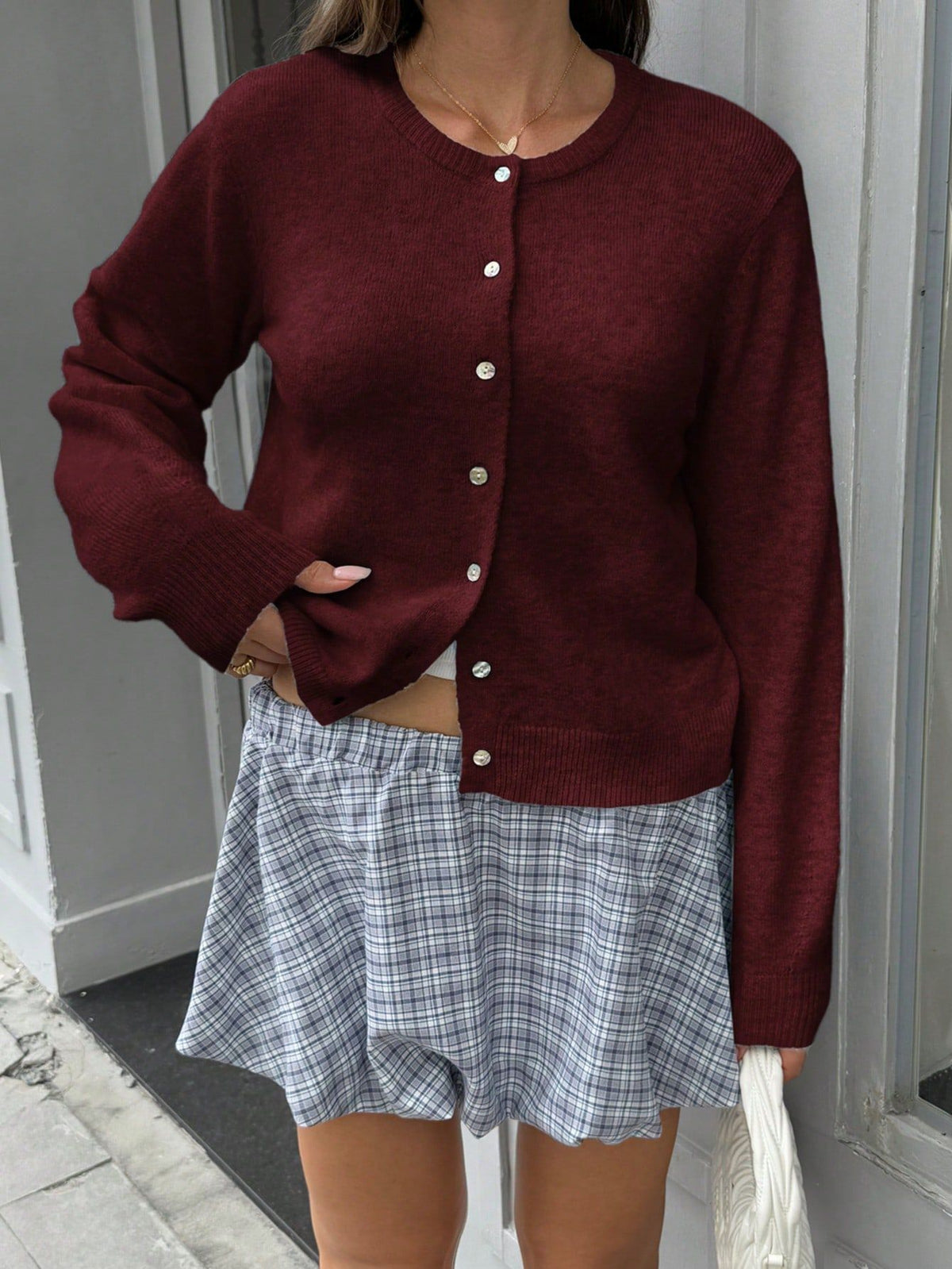Crewneck Soft Knit Button-Front Minimalist Cardigan - Burgundy - 4