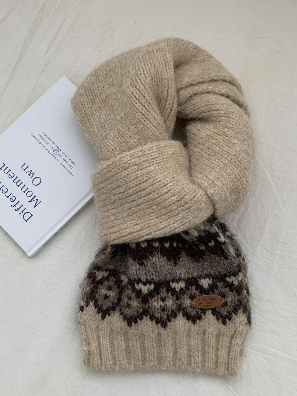 Fair Isle Knit Pull Through Scarf - Beige