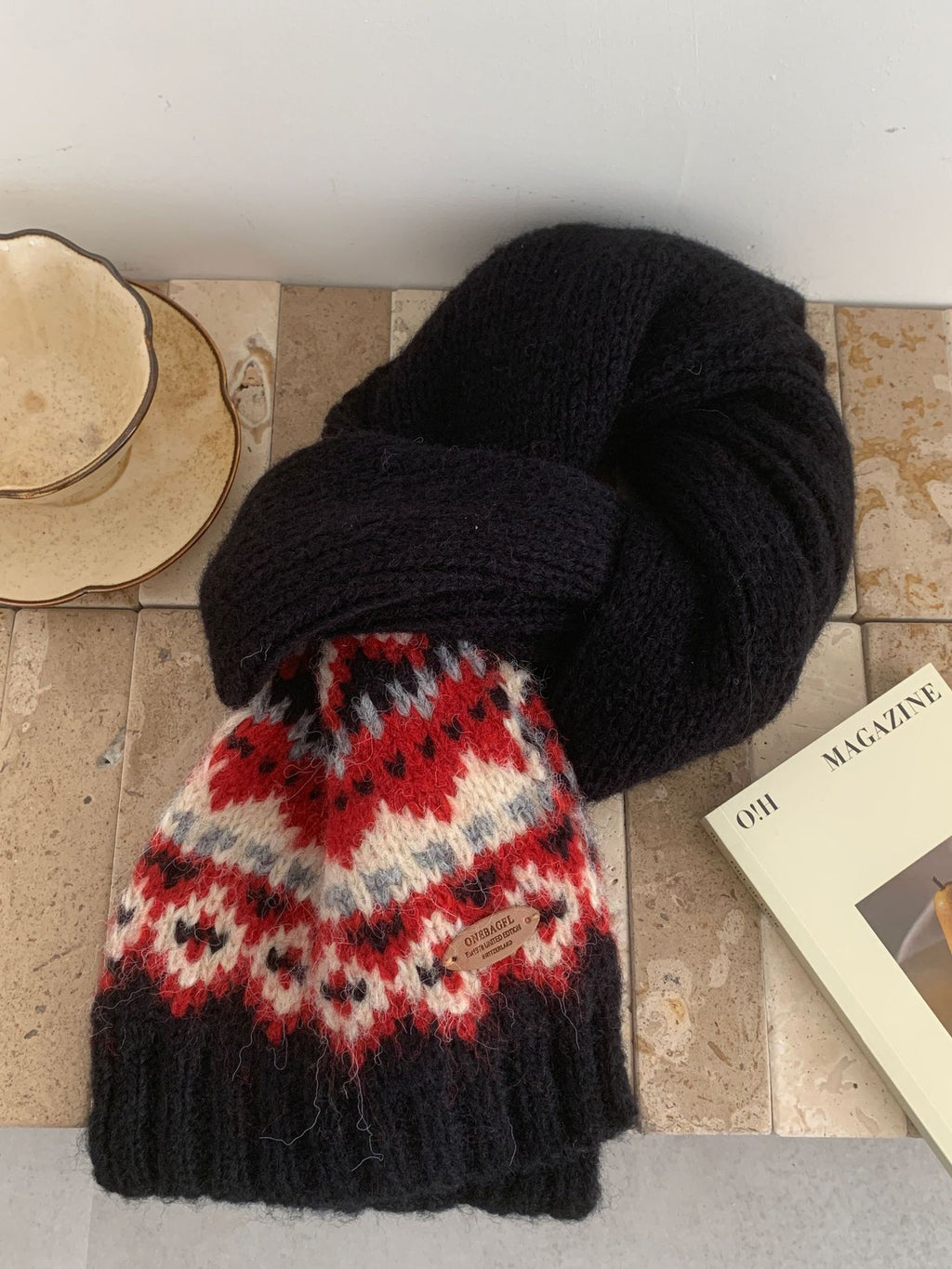 Fair Isle Knit Pull Through Scarf - Black