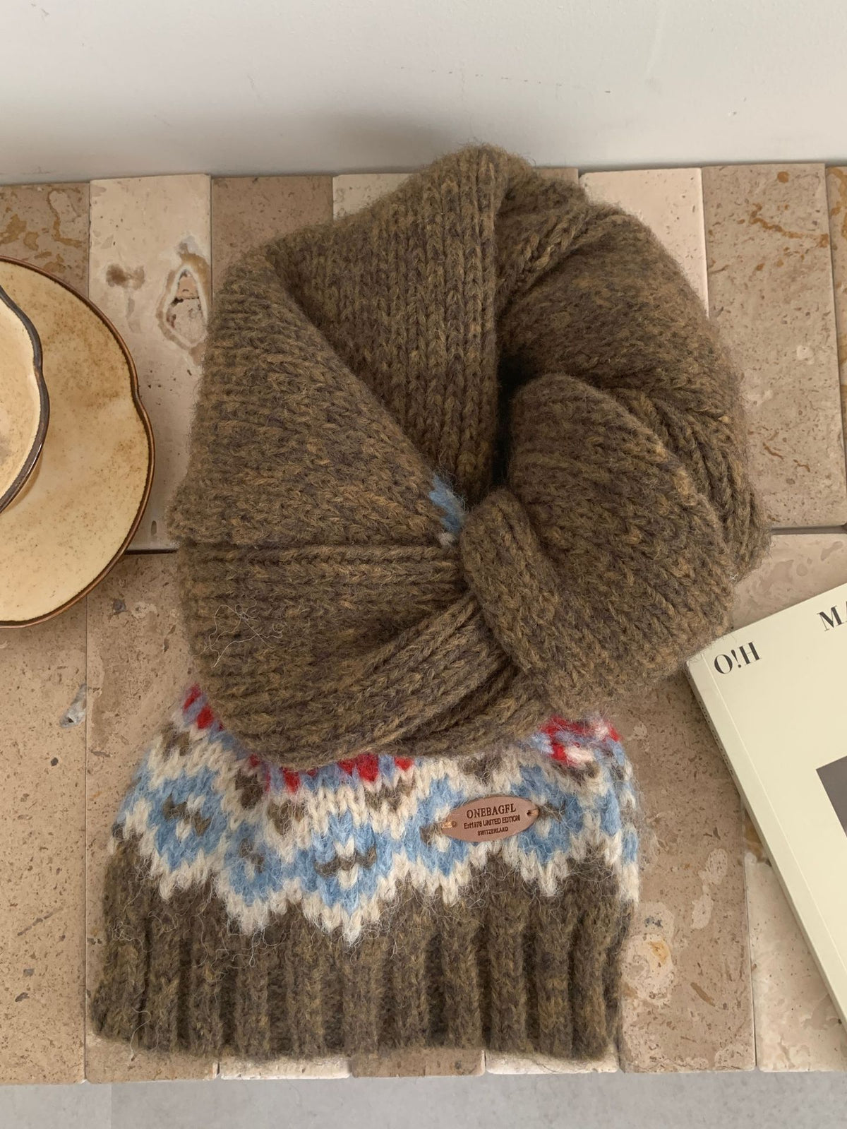 Fair Isle Knit Pull Through Scarf - Brown