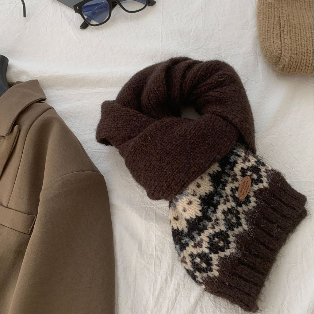 Fair Isle Knit Pull Through Scarf - Coffee