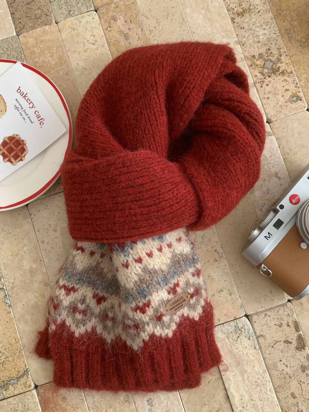 Fair Isle Knit Pull Through Scarf - Red
