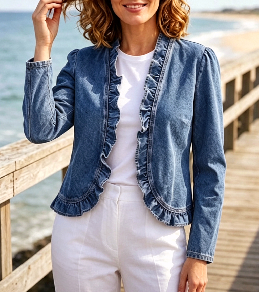 Frilled Collarless Cropped Denim Jacket - Blue