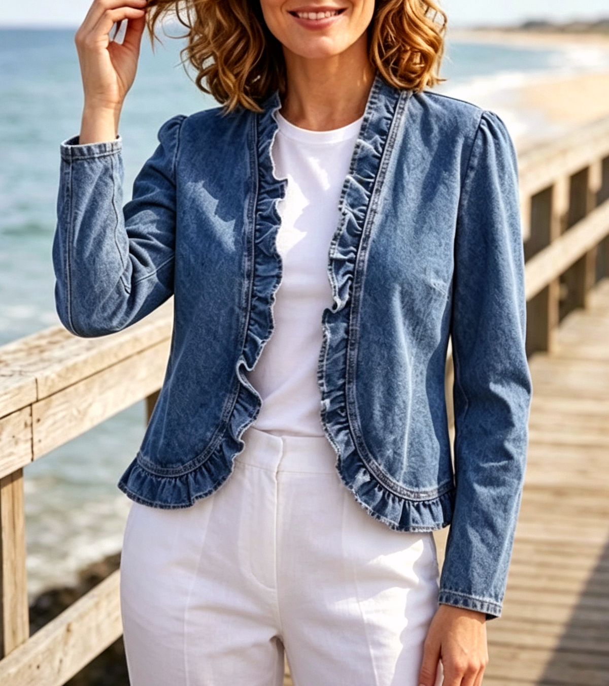 Frilled Collarless Cropped Denim Jacket - Blue