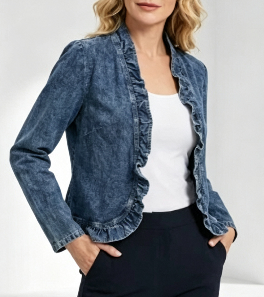 Frilled Collarless Cropped Denim Jacket - Blue - 1