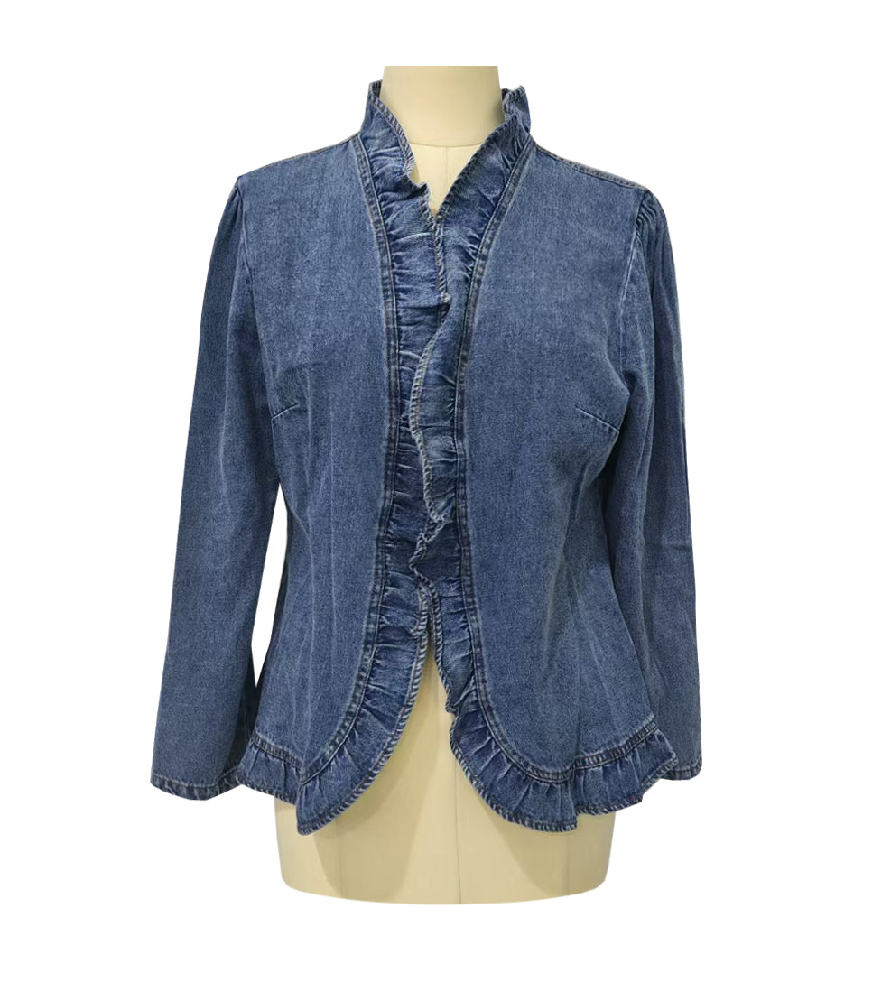 Frilled Collarless Cropped Denim Jacket - Blue - 2