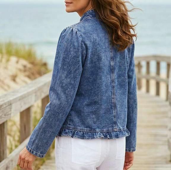 Frilled Collarless Cropped Denim Jacket - Blue - 5