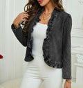 Frilled Collarless Cropped Denim Jacket - Grey