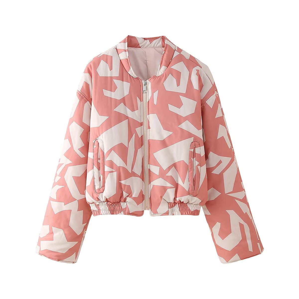 Geometric Print Cropped Padded Bomber Jacket - Pink