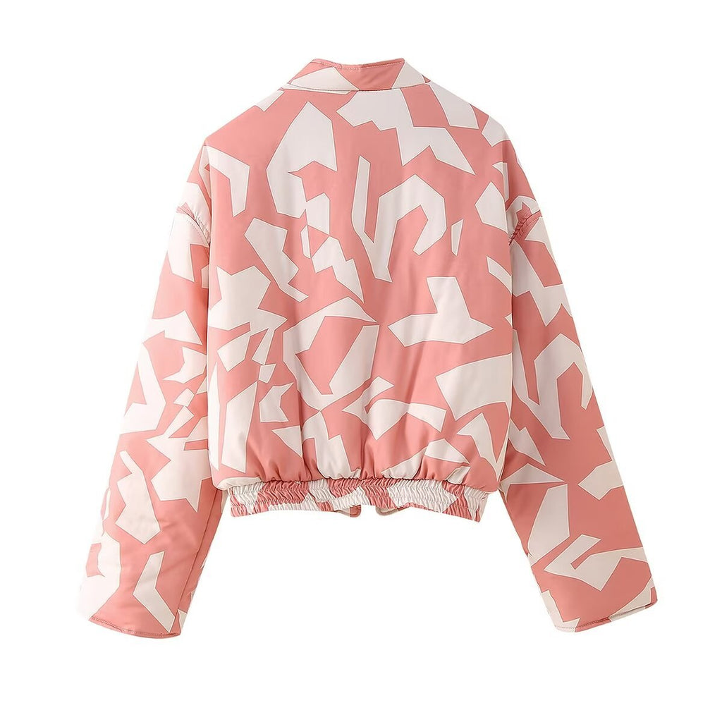 Geometric Print Cropped Padded Bomber Jacket - Pink - 1