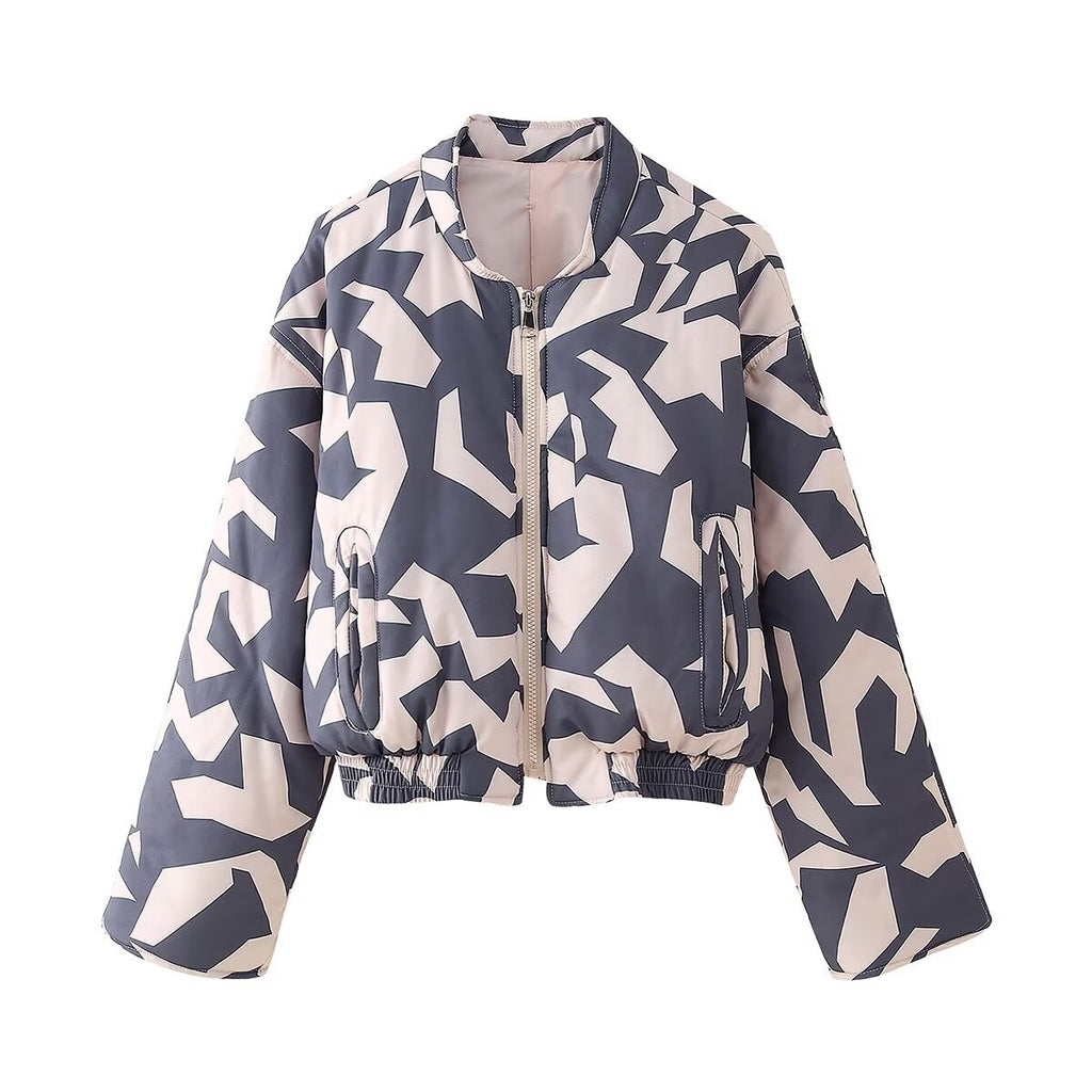 Geometric Print Cropped Padded Bomber Jacket - grey