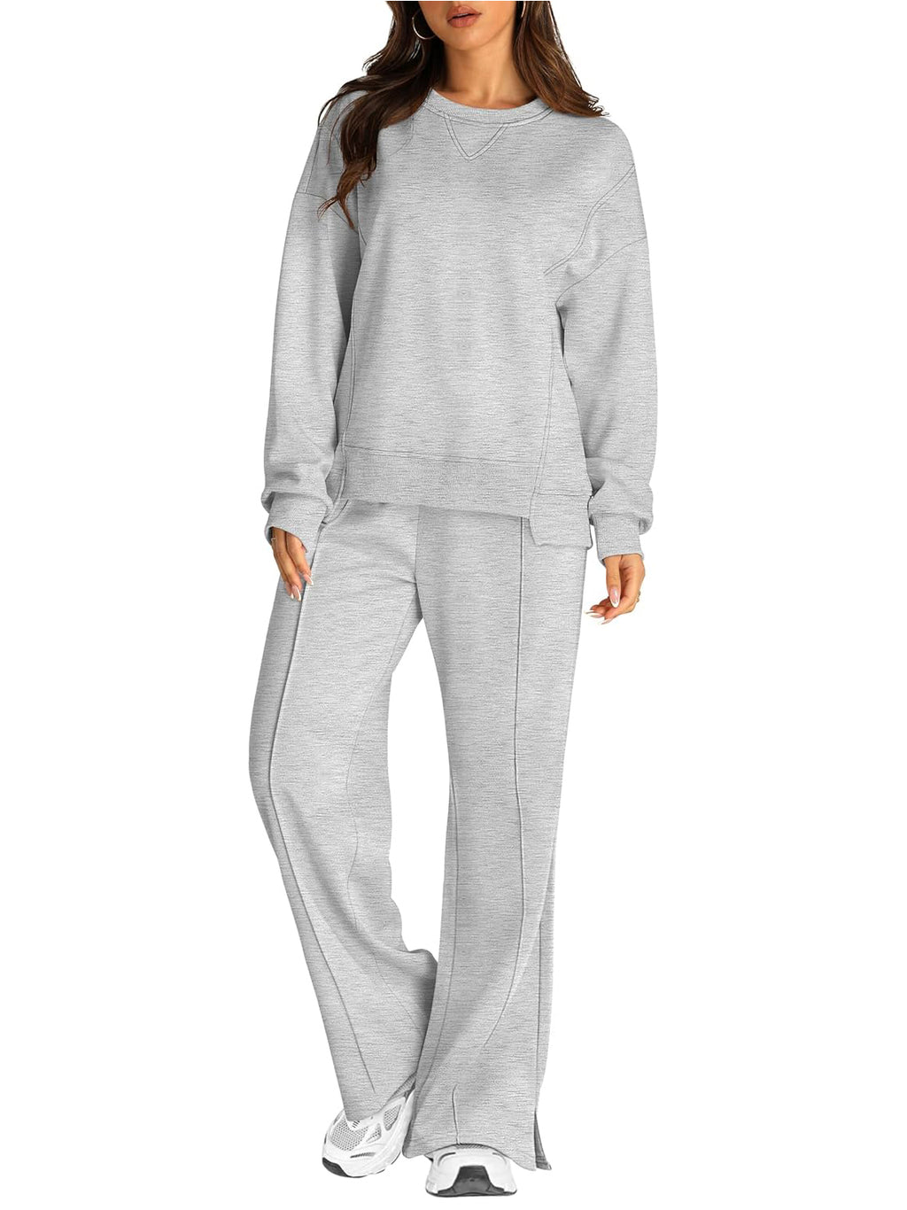 Crew Neck Sweatshirt And Wide Leg Pant Set - Ash