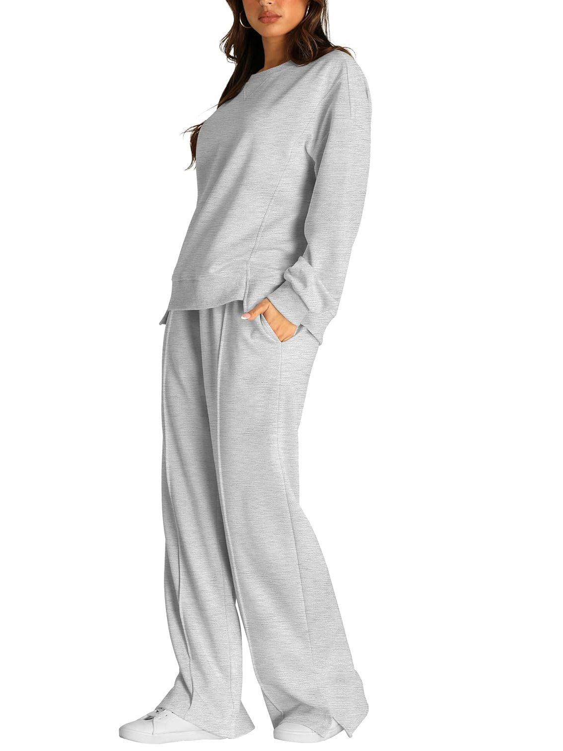 Crew Neck Sweatshirt And Wide Leg Pant Set - Ash - 1