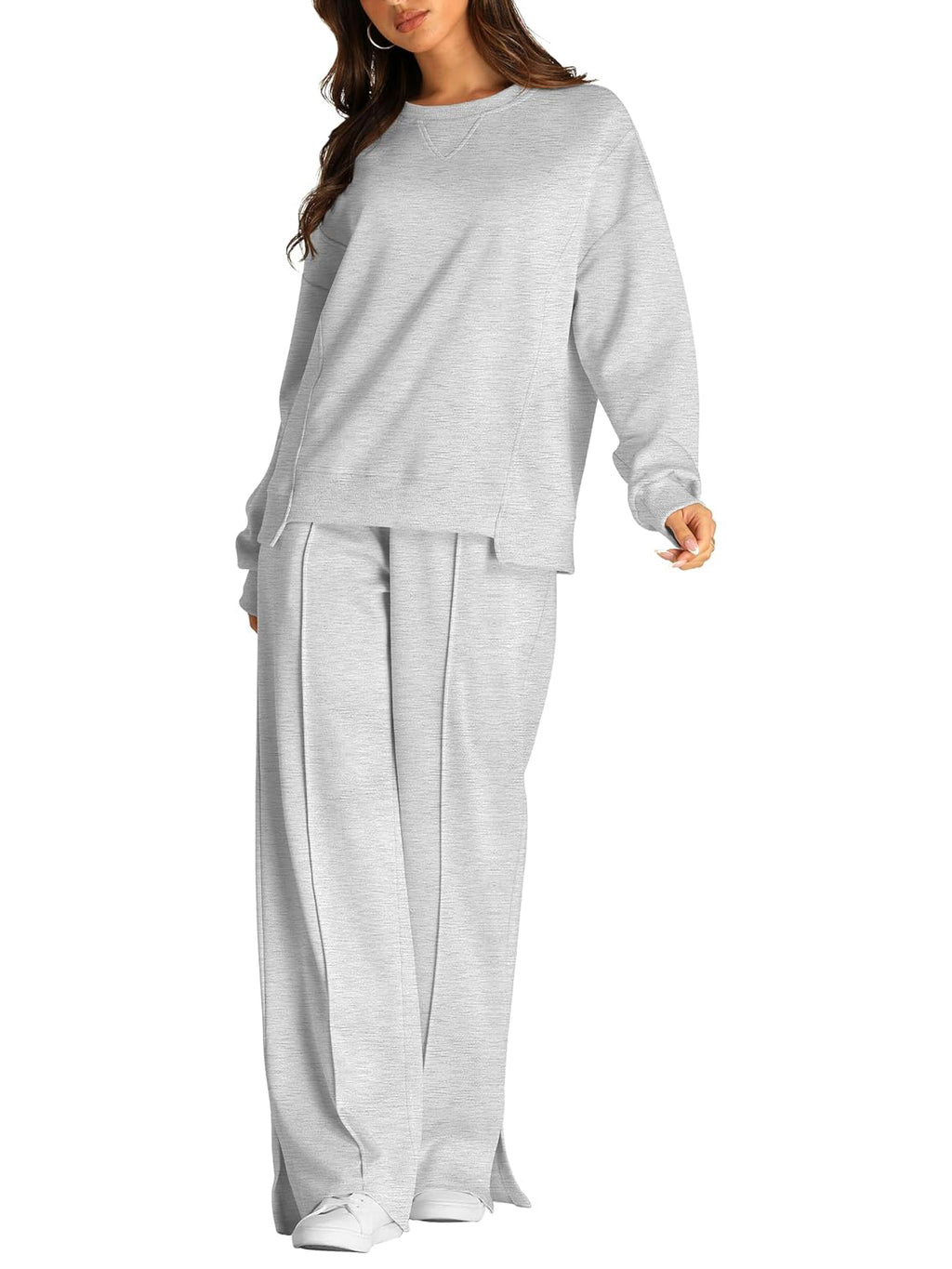 Crew Neck Sweatshirt And Wide Leg Pant Set - Ash - 3