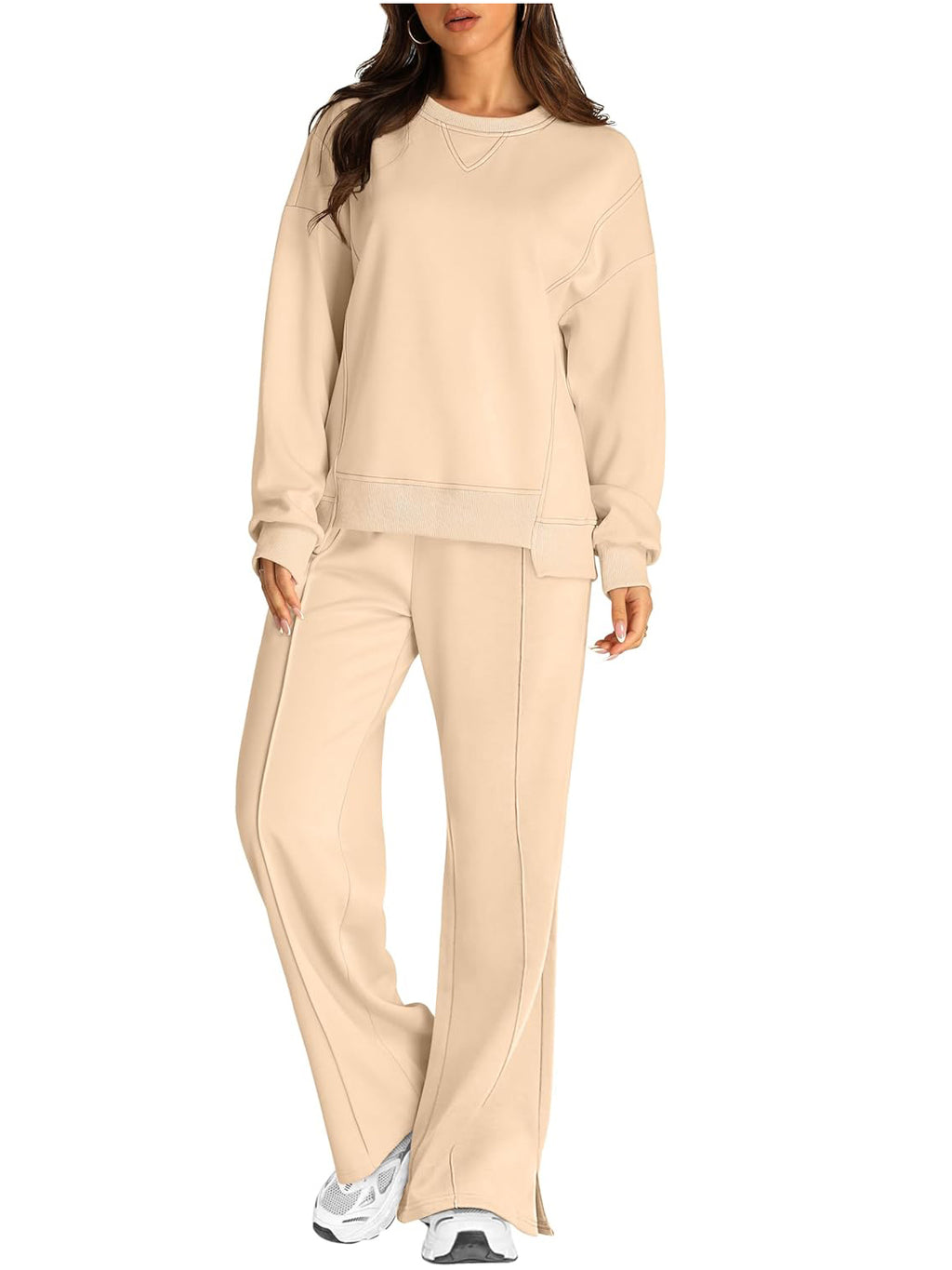 Crew Neck Sweatshirt And Wide Leg Pant Set - Beige