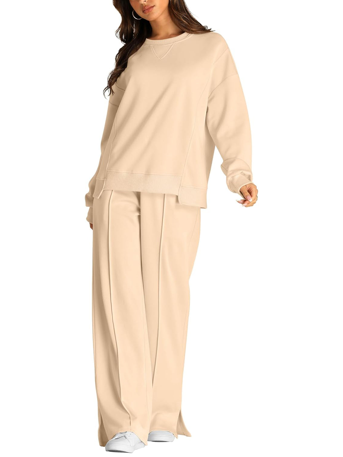 Crew Neck Sweatshirt And Wide Leg Pant Set - Beige - 1