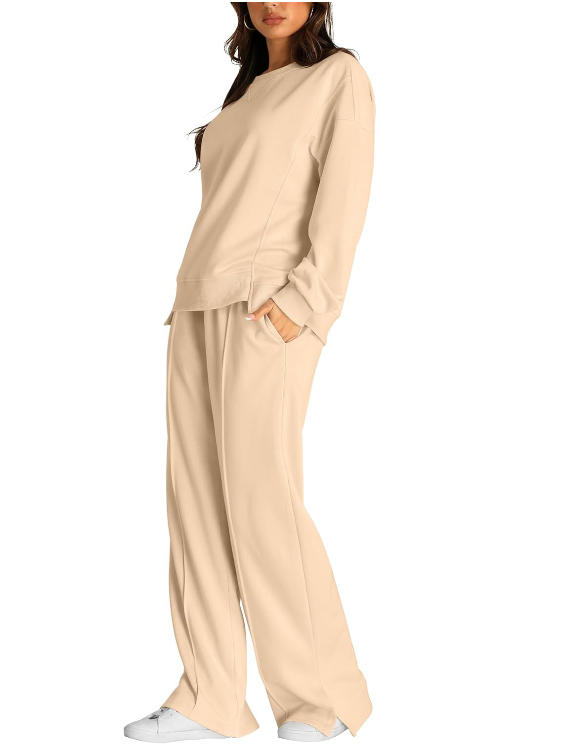 Crew Neck Sweatshirt And Wide Leg Pant Set - Beige - 2