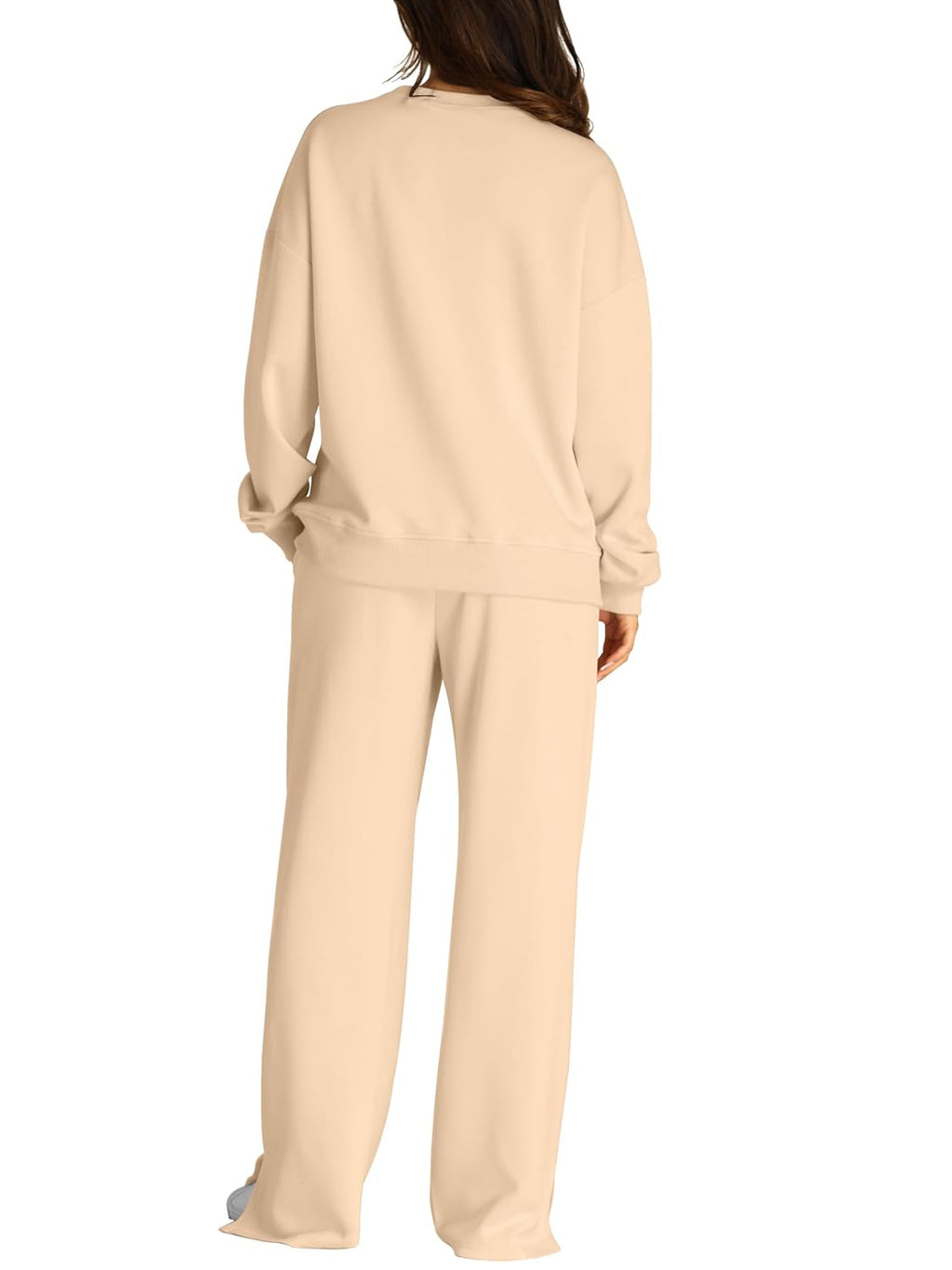 Crew Neck Sweatshirt And Wide Leg Pant Set - Beige - 3