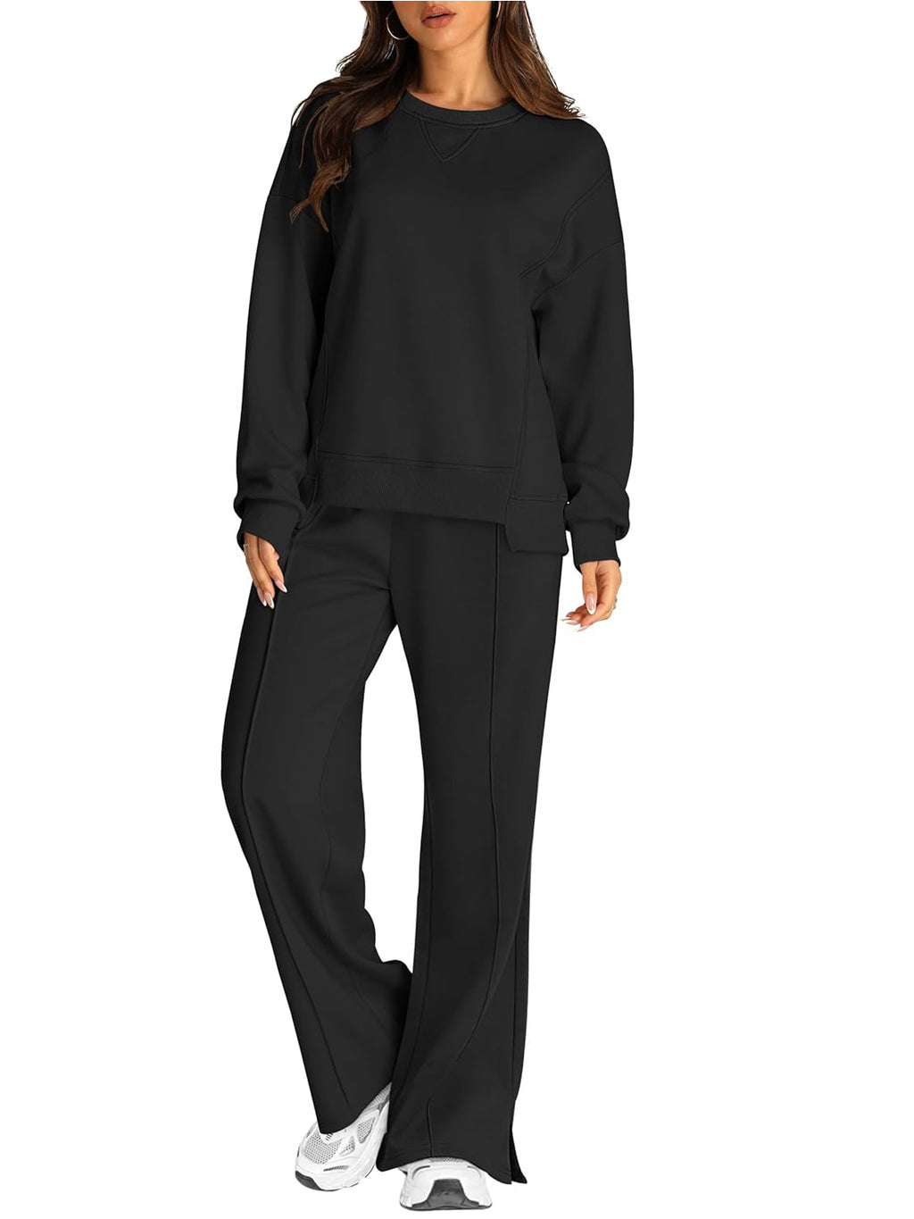 Crew Neck Sweatshirt And Wide Leg Pant Set - Black
