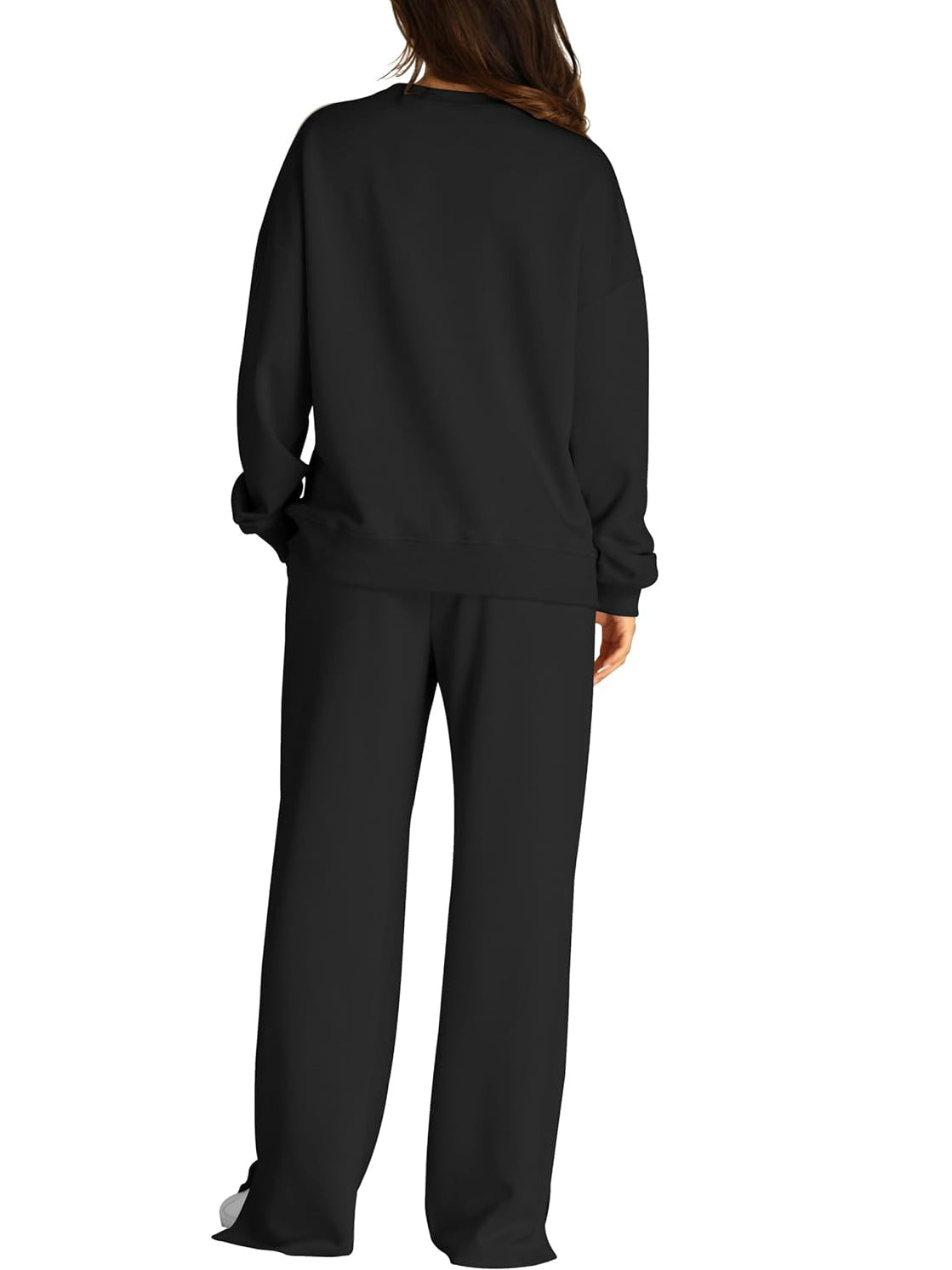 Crew Neck Sweatshirt And Wide Leg Pant Set - Black - 1