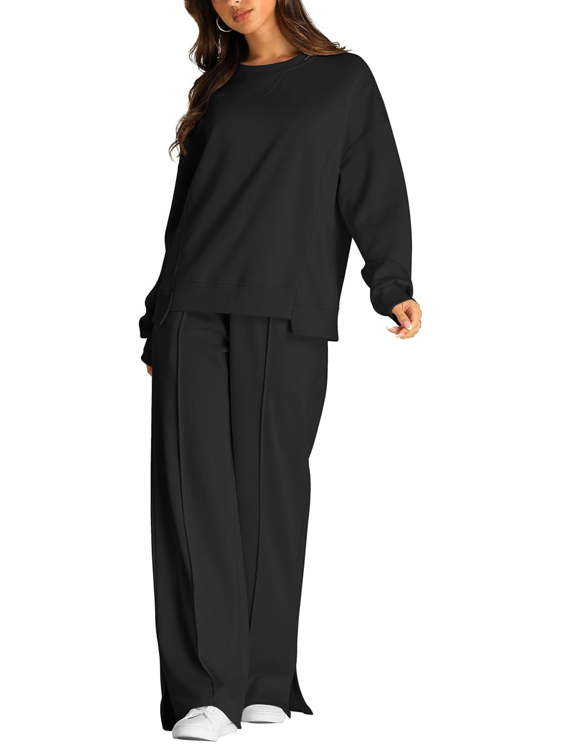 Crew Neck Sweatshirt And Wide Leg Pant Set - Black - 2