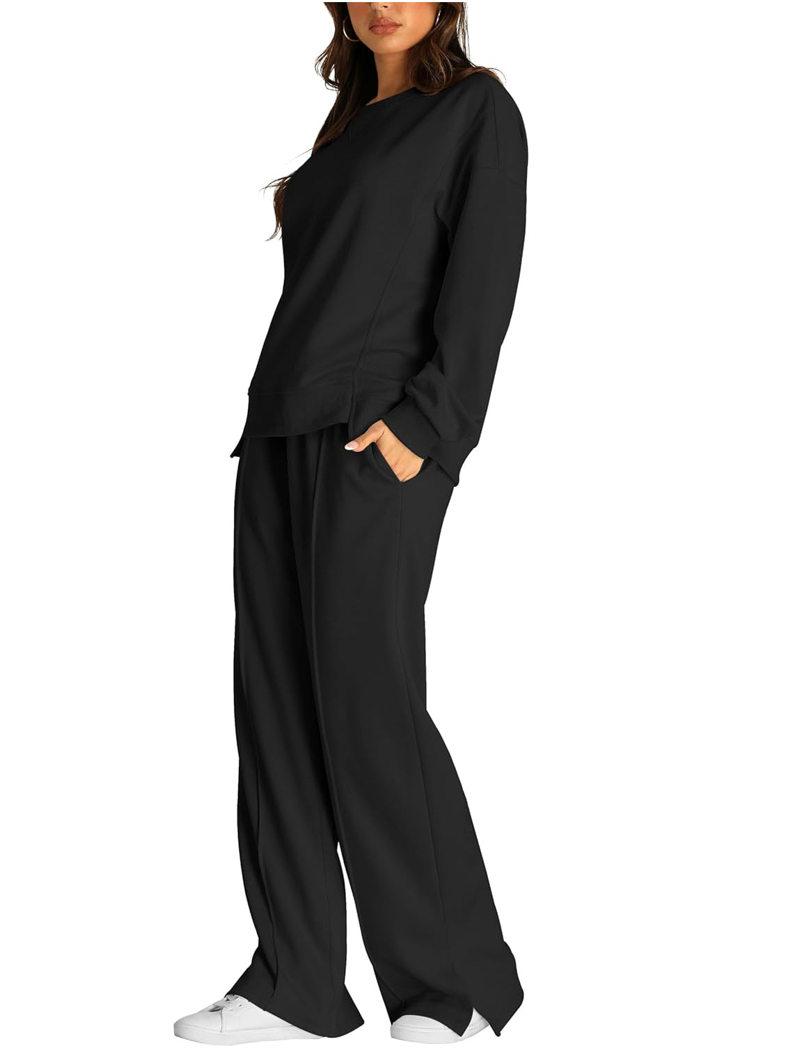 Crew Neck Sweatshirt And Wide Leg Pant Set - Black - 3
