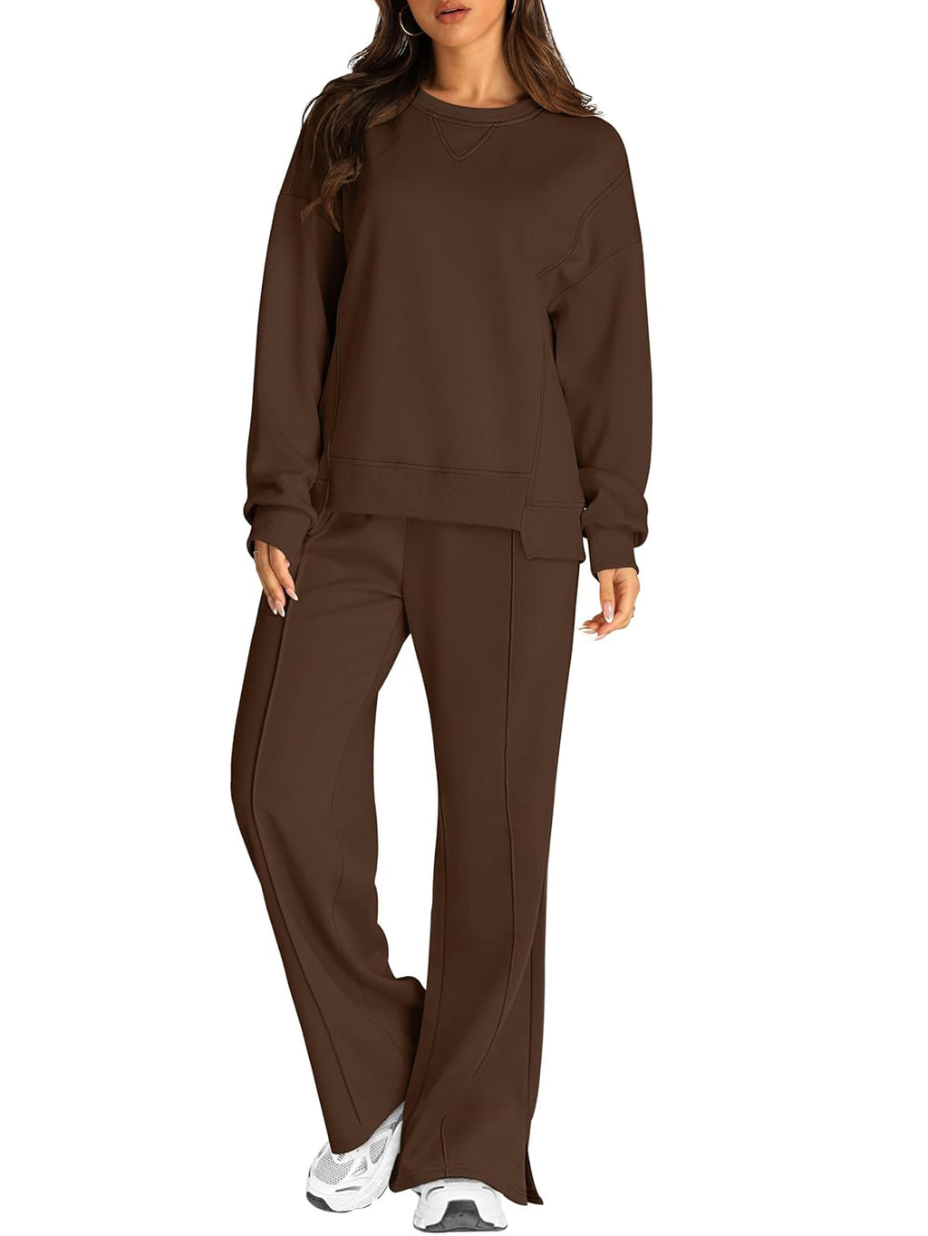 Crew Neck Sweatshirt And Wide Leg Pant Set - Brown