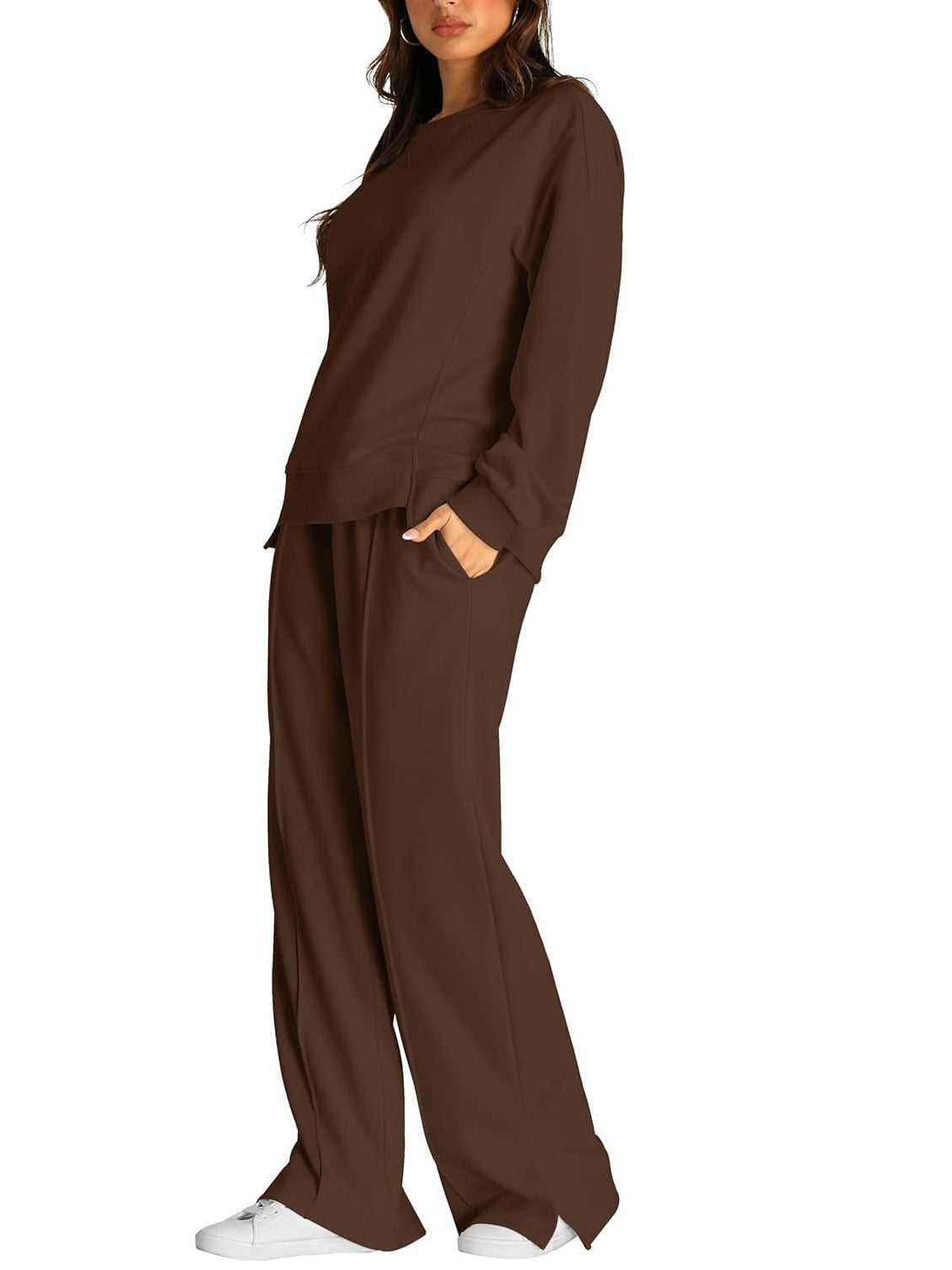 Crew Neck Sweatshirt And Wide Leg Pant Set - Brown - 1