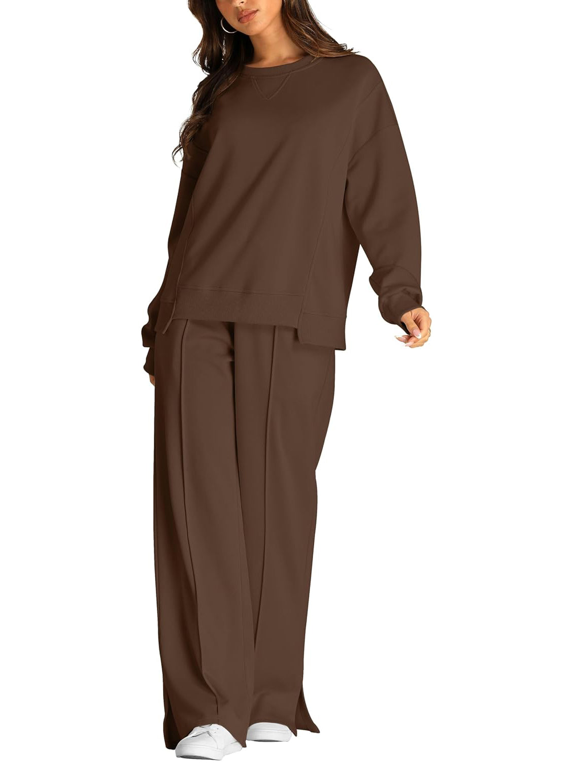 Crew Neck Sweatshirt And Wide Leg Pant Set - Brown - 2
