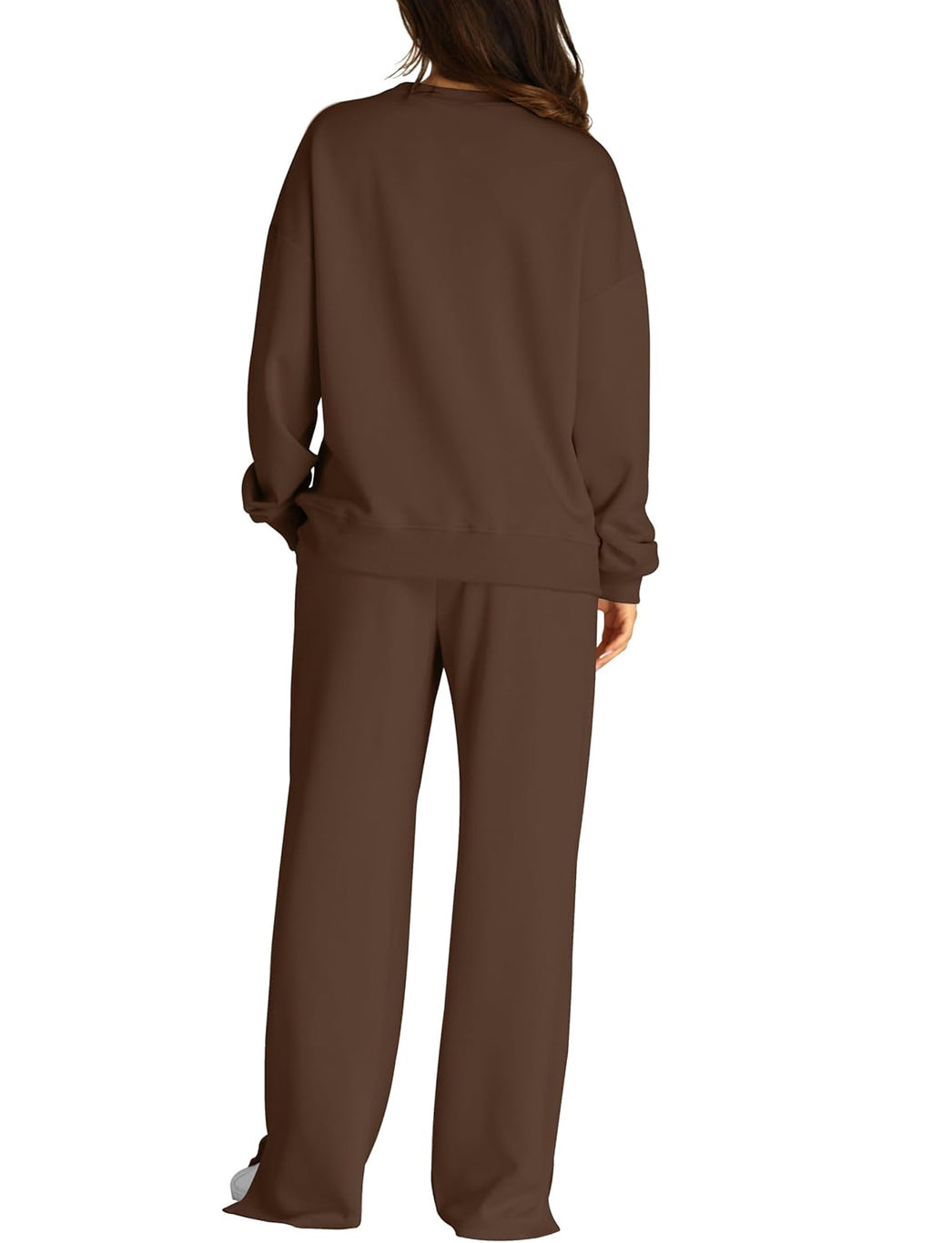 Crew Neck Sweatshirt And Wide Leg Pant Set - Brown - 3