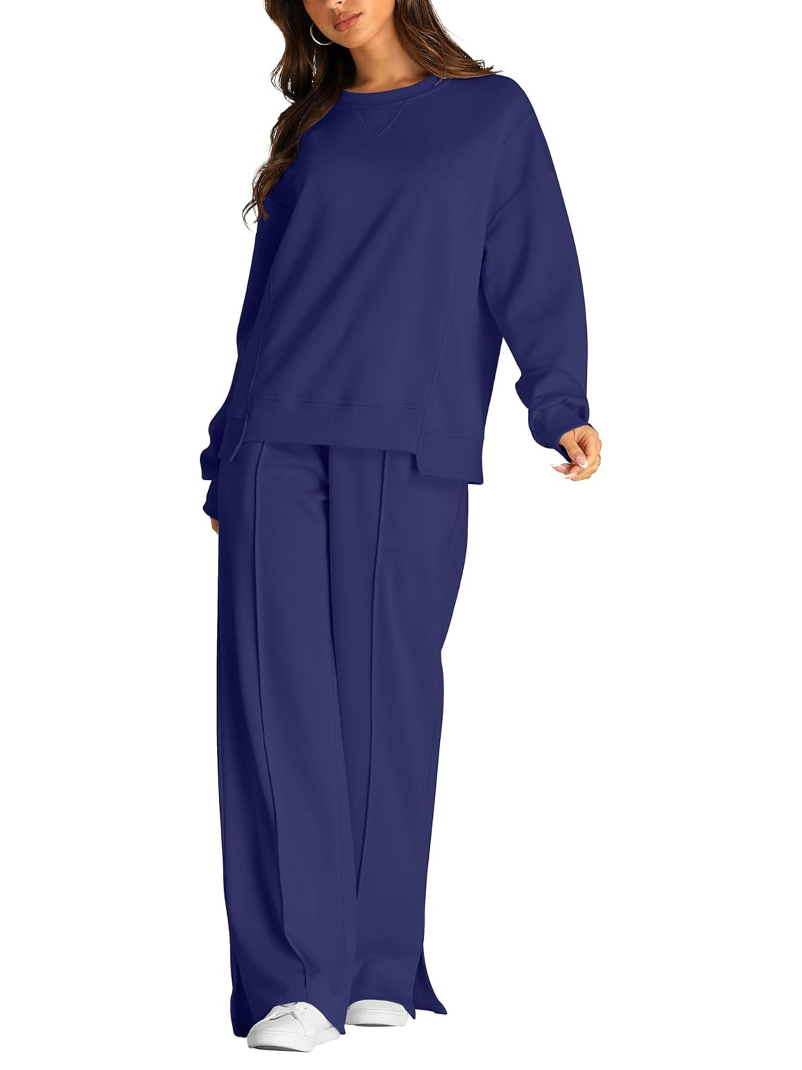 Crew Neck Sweatshirt And Wide Leg Pant Set - Darkblue - 1