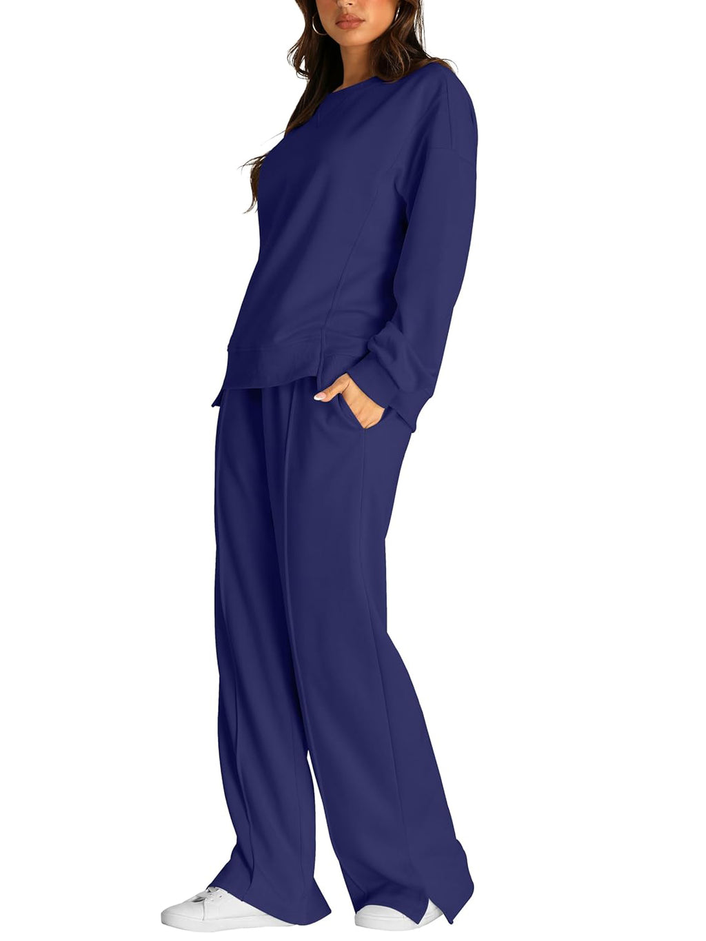 Crew Neck Sweatshirt And Wide Leg Pant Set - Darkblue - 3