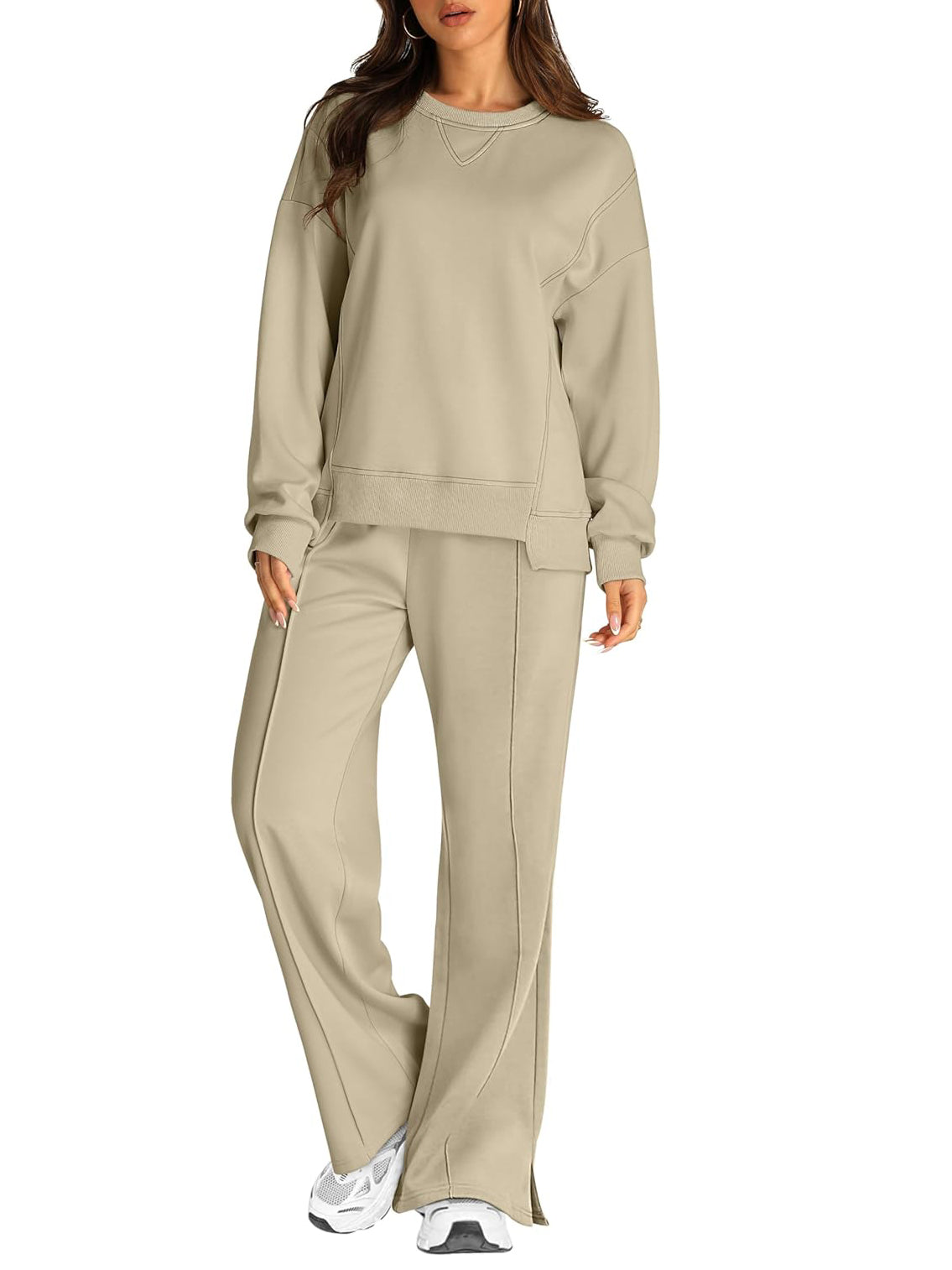 Crew Neck Sweatshirt And Wide Leg Pant Set - Khaki