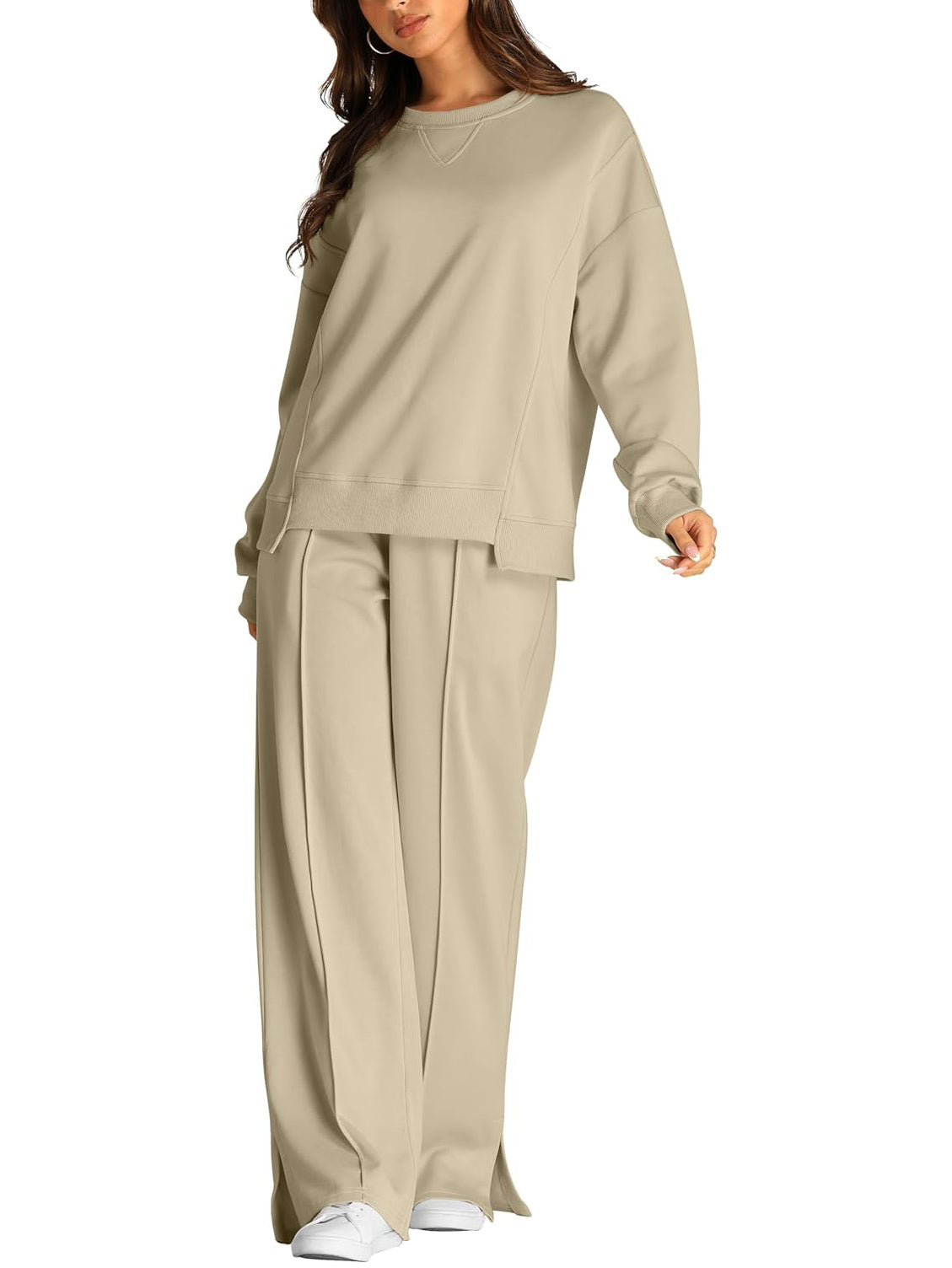 Crew Neck Sweatshirt And Wide Leg Pant Set - Khaki - 1