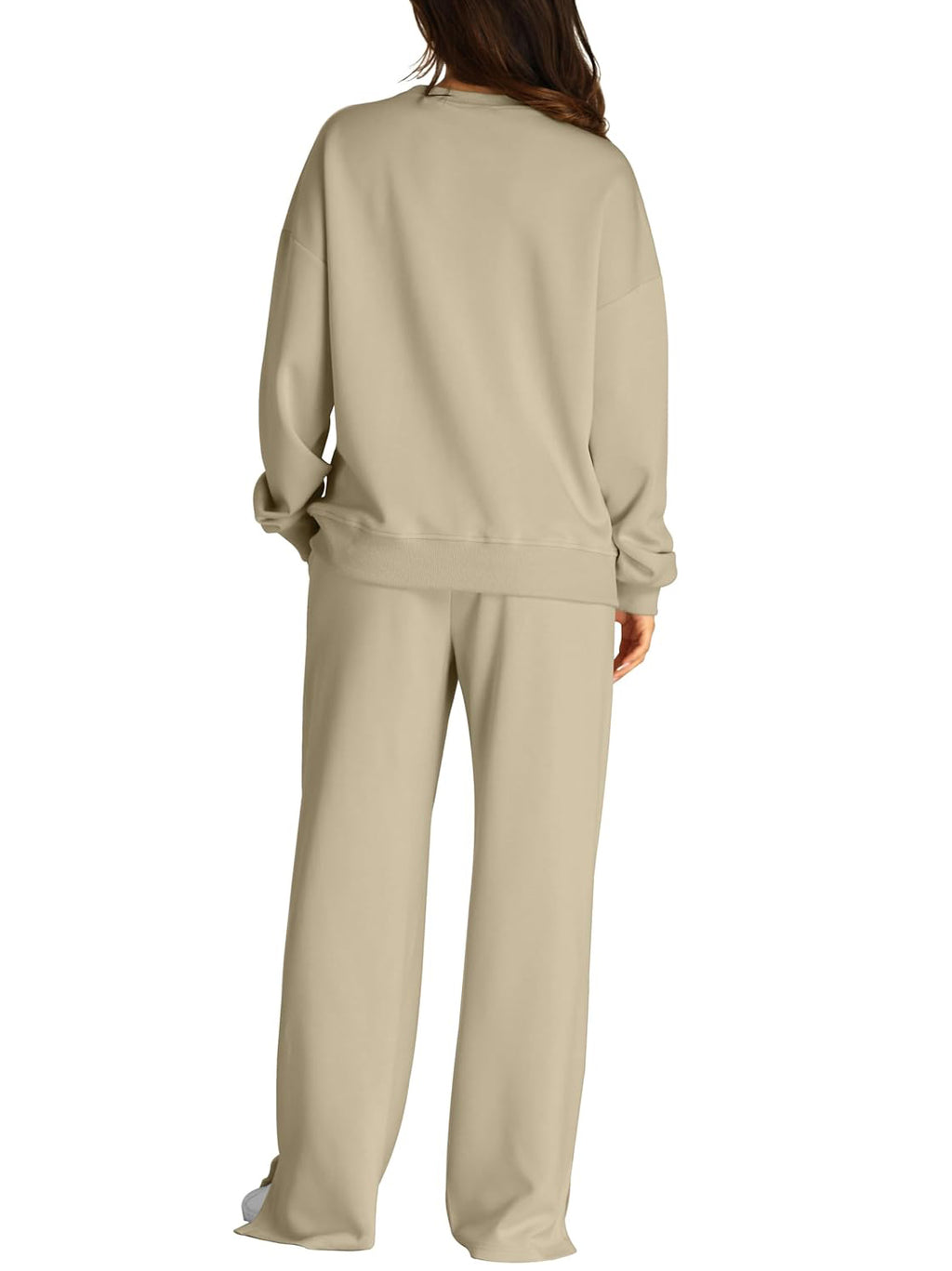 Crew Neck Sweatshirt And Wide Leg Pant Set - Khaki - 2