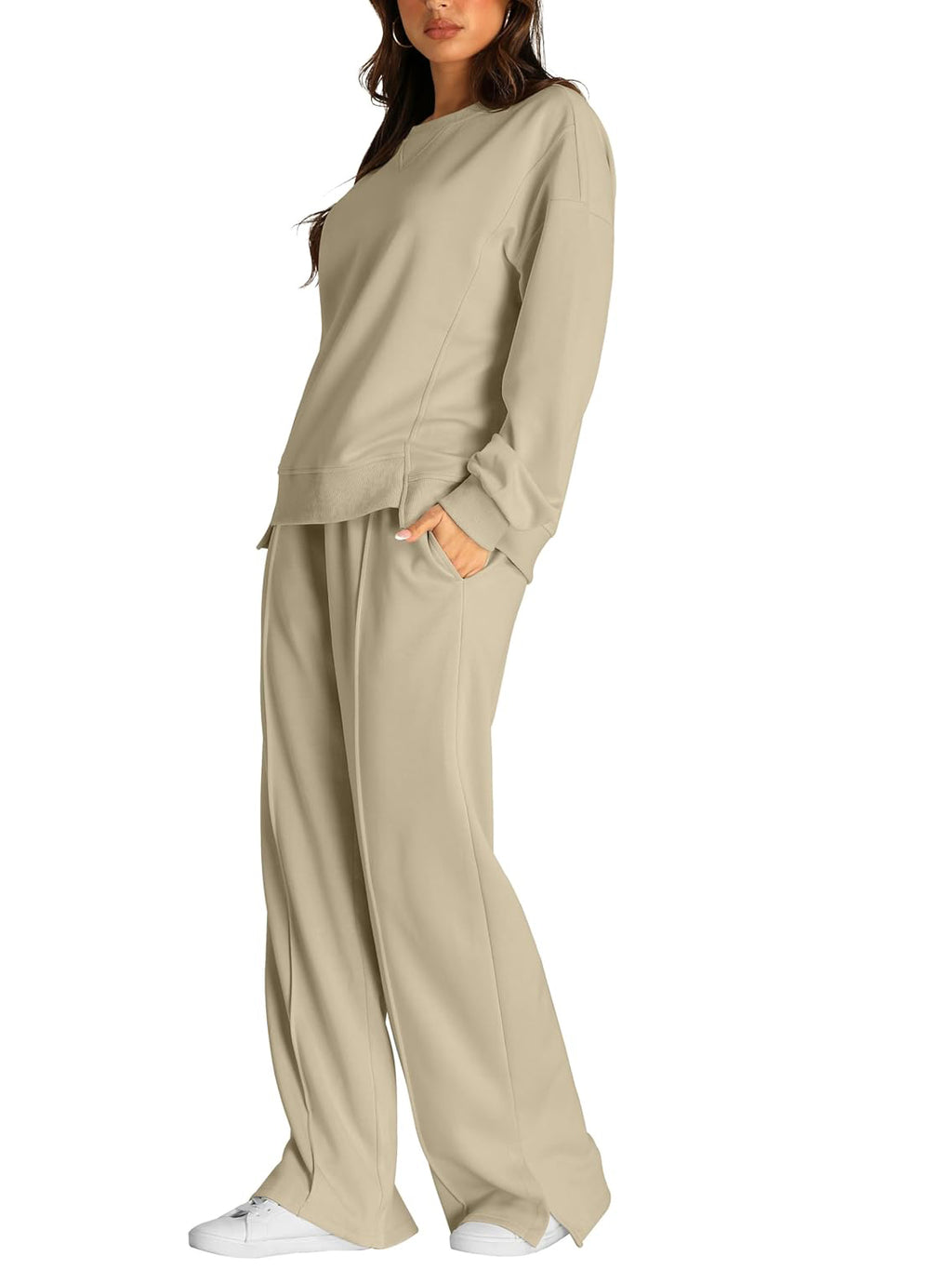 Crew Neck Sweatshirt And Wide Leg Pant Set - Khaki - 3