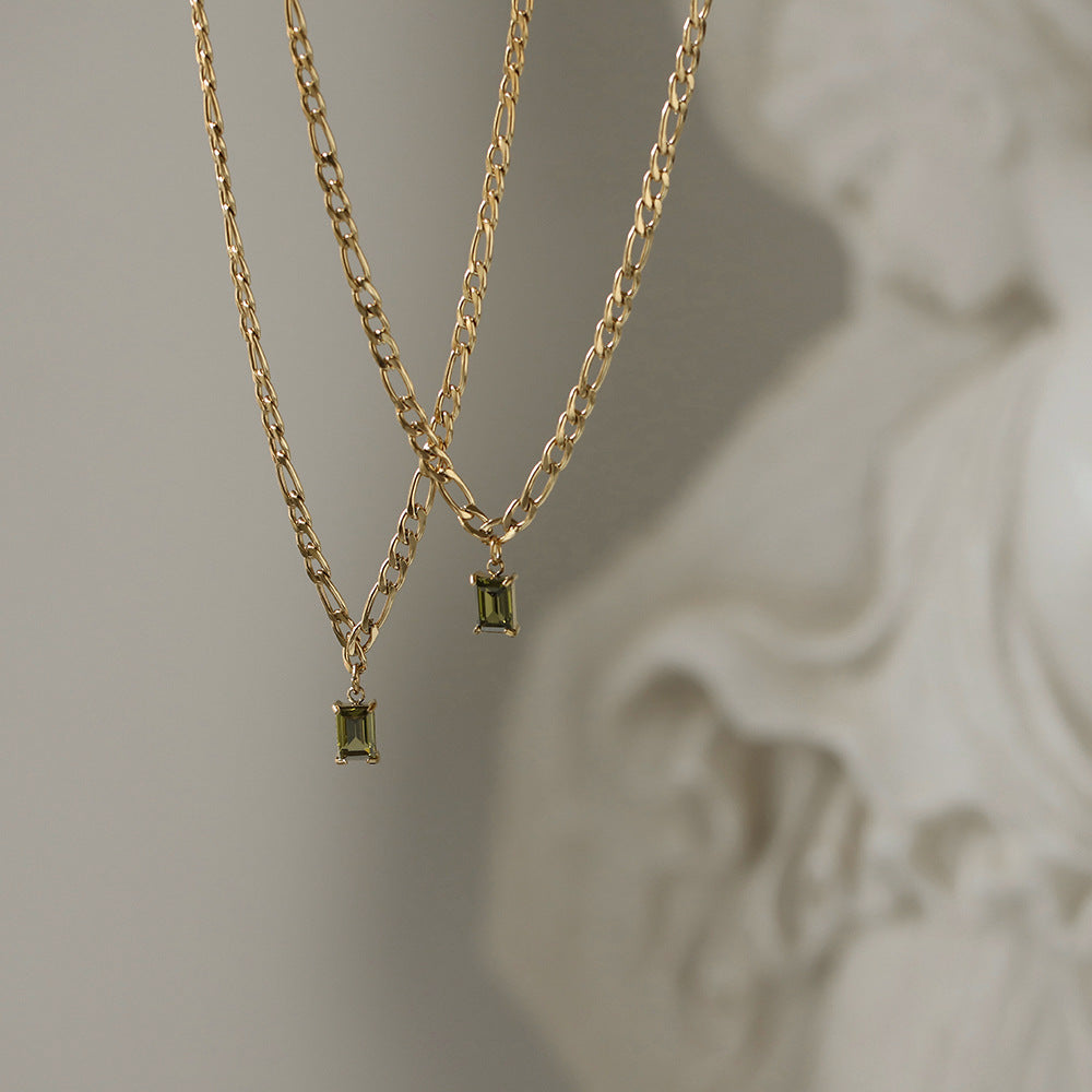 Baguette Stone Figaro Chain Necklace - Gold