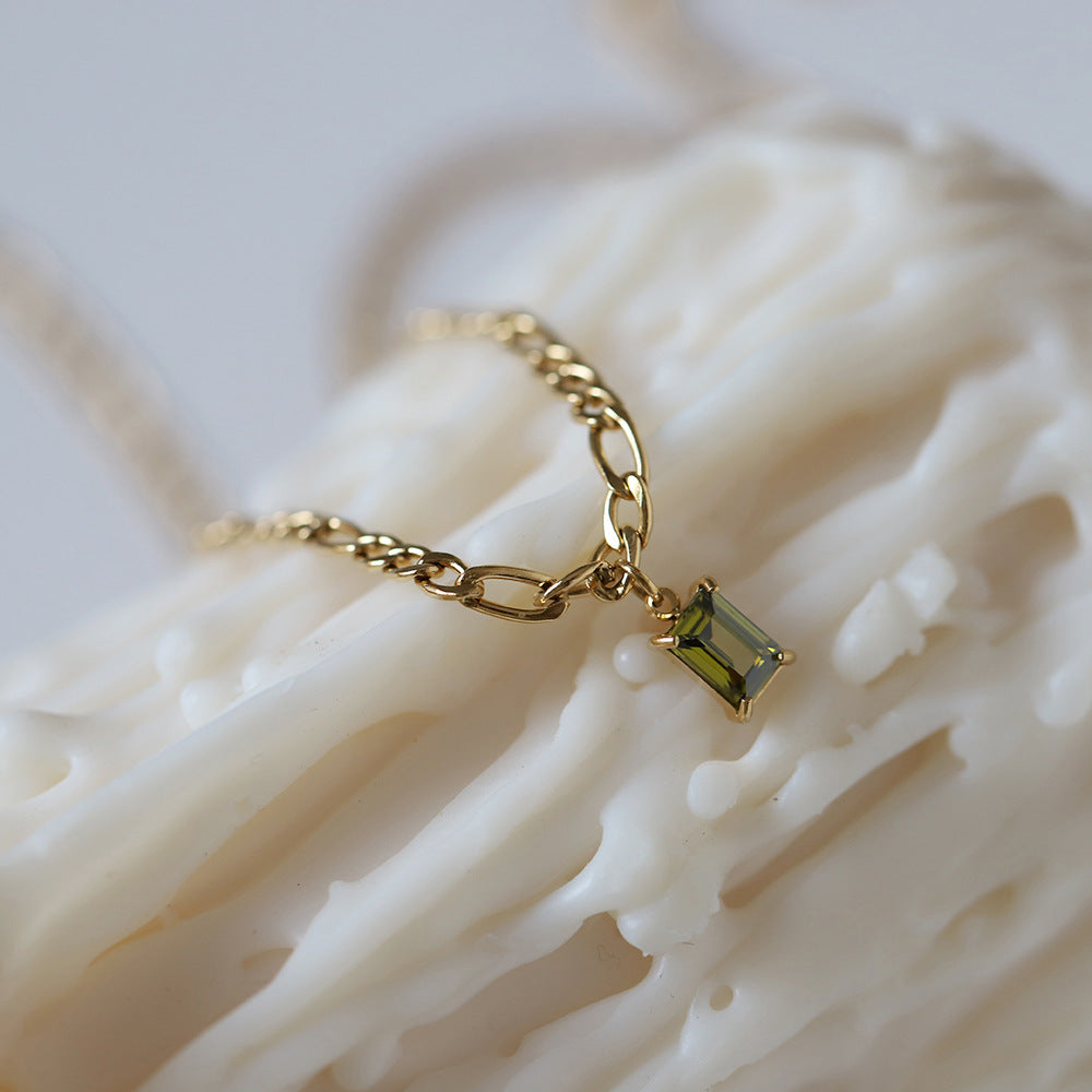 Baguette Stone Figaro Chain Necklace - Gold - 3