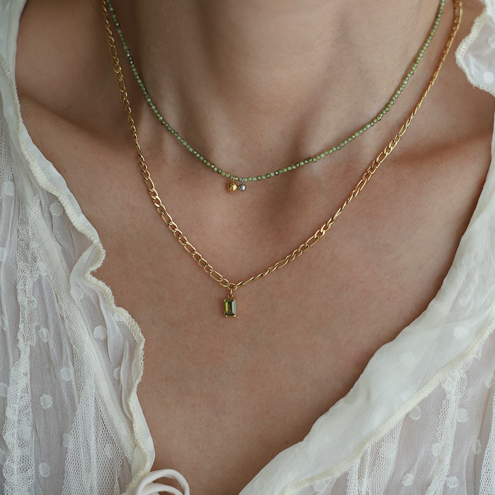 Baguette Stone Figaro Chain Necklace - Gold - 4