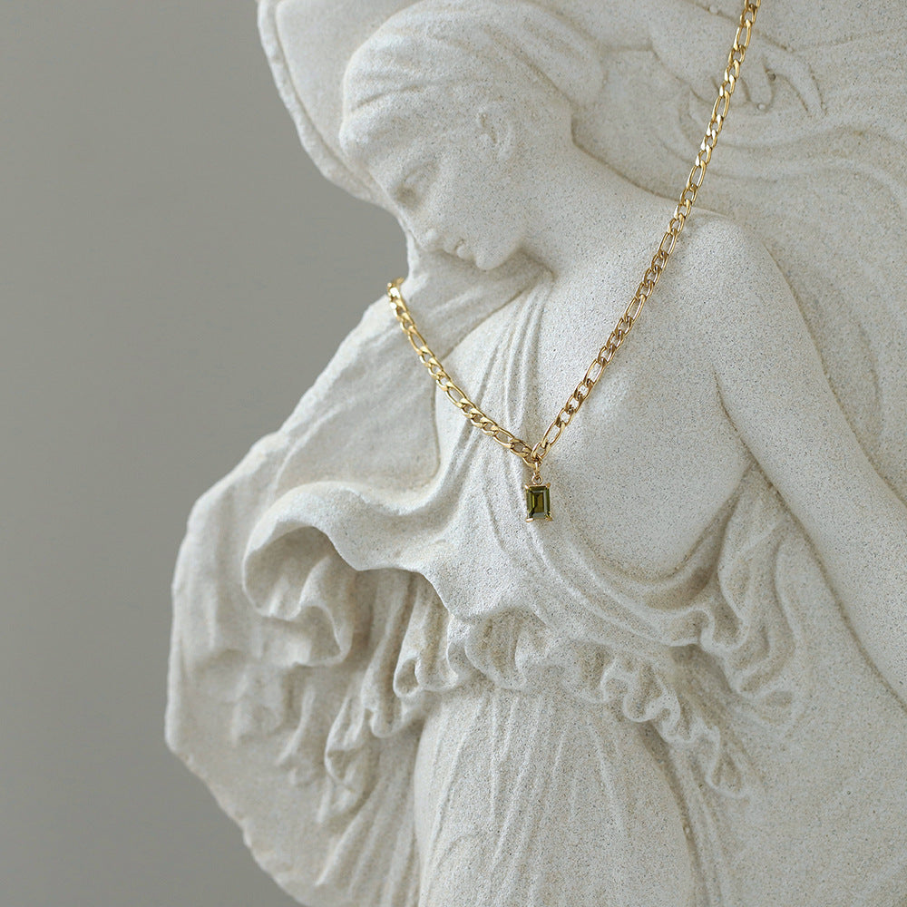 Baguette Stone Figaro Chain Necklace - Gold - 5