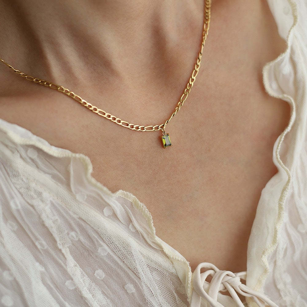 Baguette Stone Figaro Chain Necklace - Gold - 6
