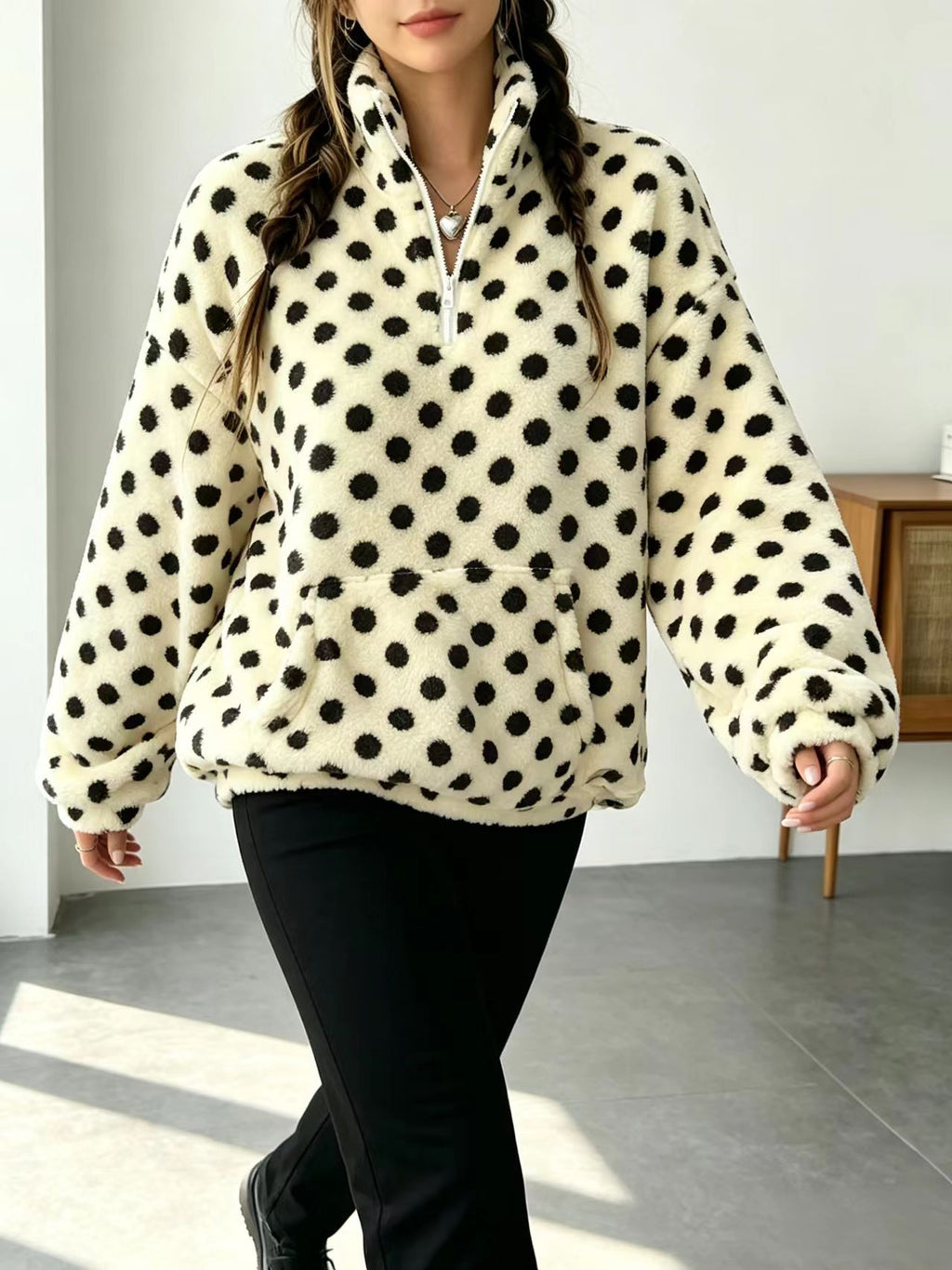 Fuzzy Polka Dot Half Zip Fleece Jacket - Beige - 1