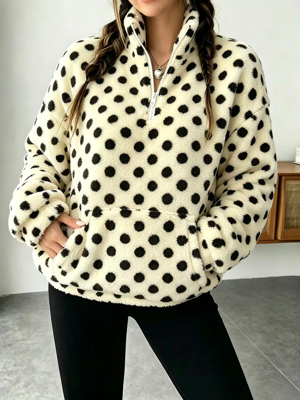 Fuzzy Polka Dot Half Zip Fleece Jacket - Beige - 2