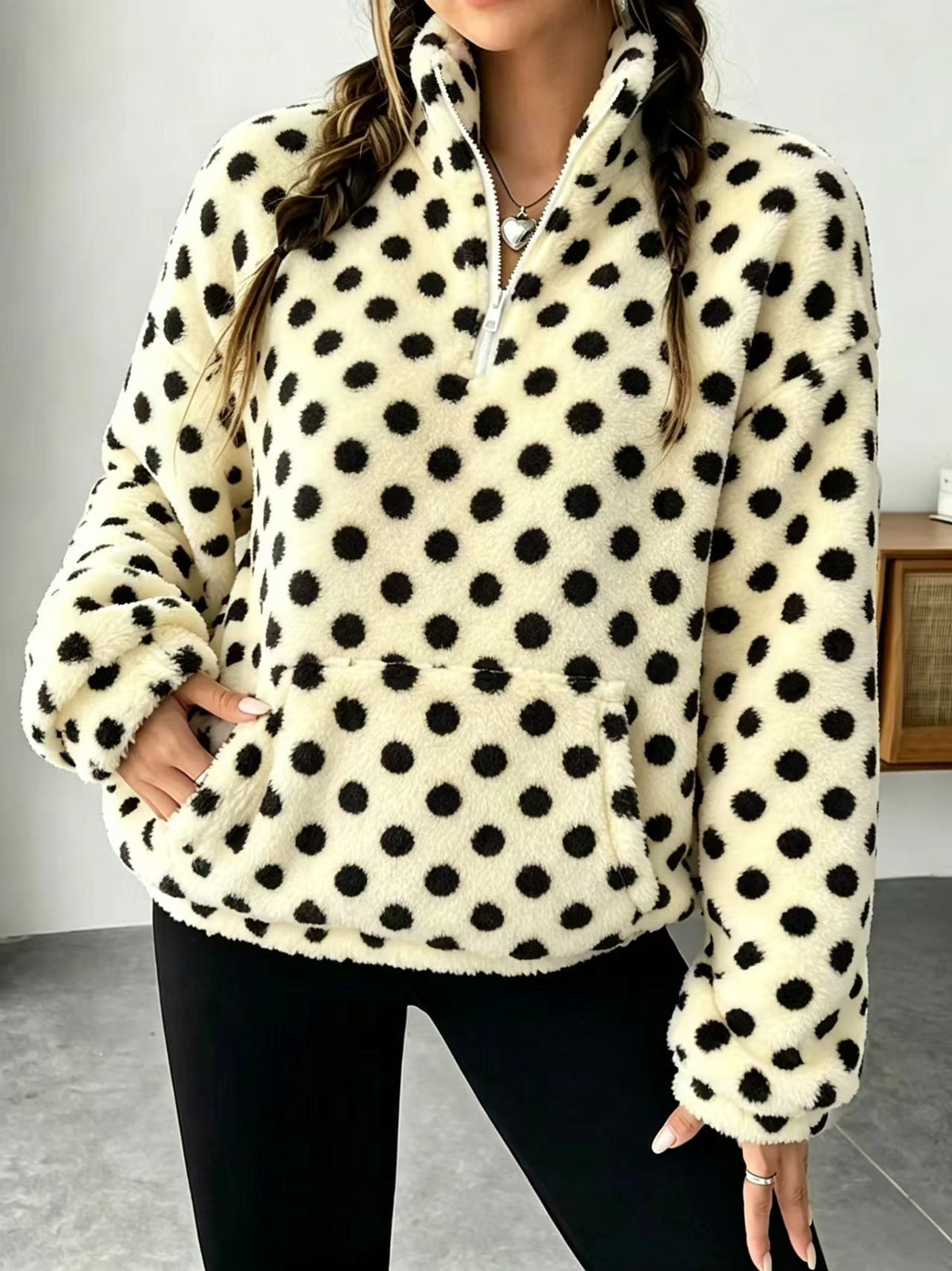 Fuzzy Polka Dot Half Zip Fleece Jacket - Beige - 3