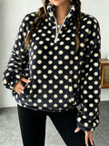 Fuzzy Polka Dot Half Zip Fleece Jacket - Black