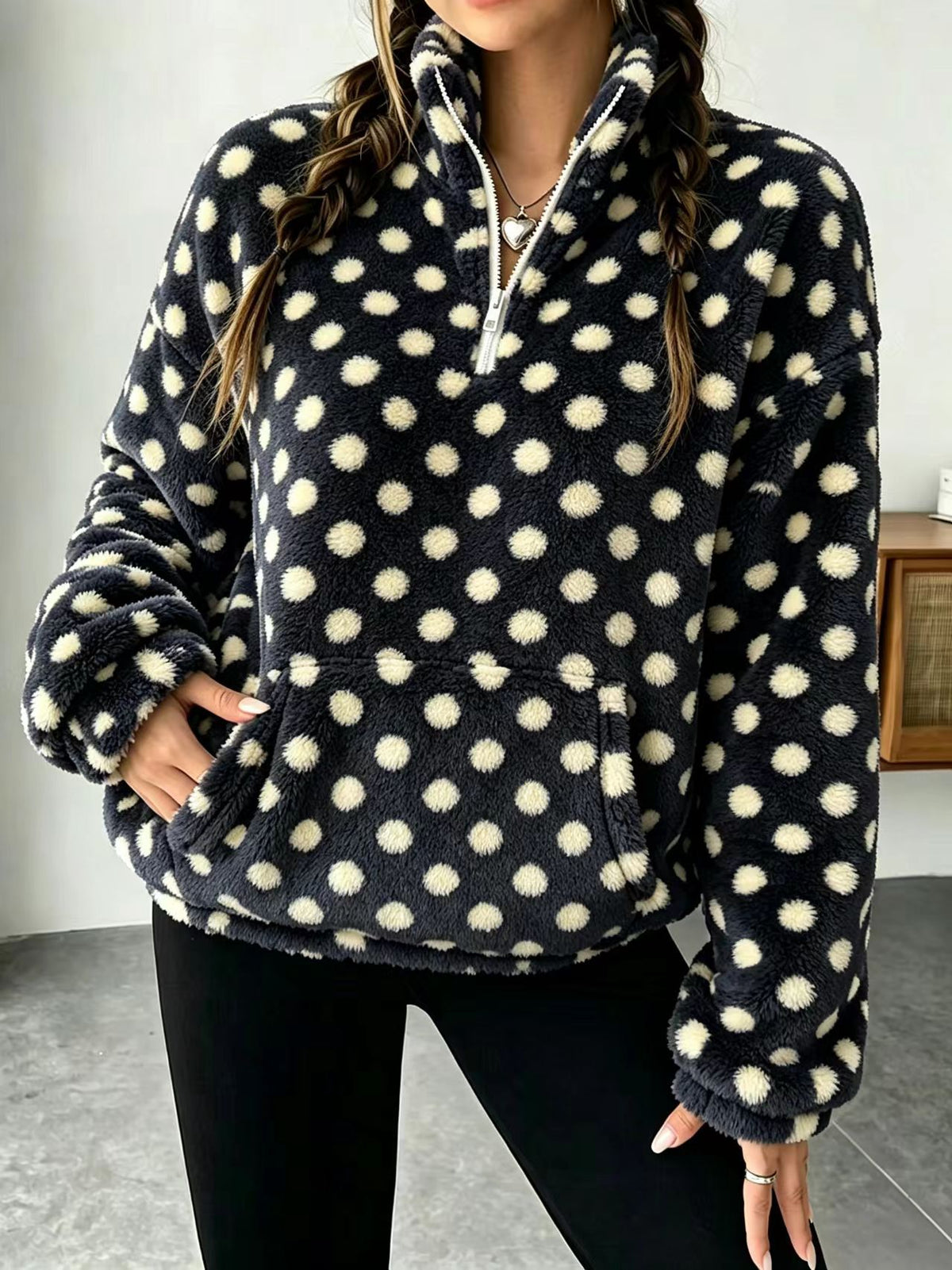 Fuzzy Polka Dot Half Zip Fleece Jacket - Black - 1